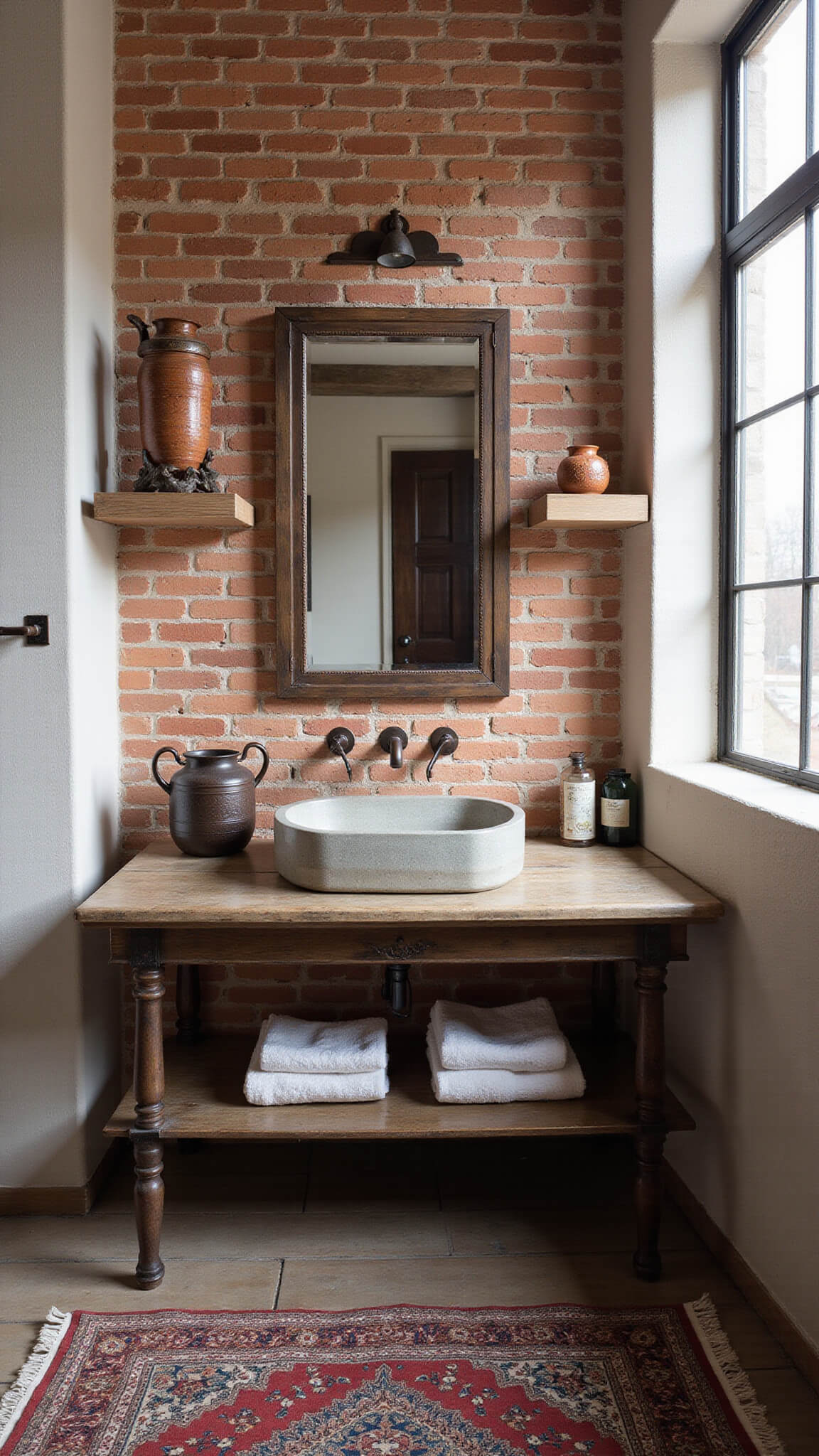 Warm industrial bathroom with exposed brick wall, concrete vessel sink, distressed bronze mirror, weathered oak shelves holding clay pottery, iron towel bars, and vintage Persian rug under moody afternoon light.