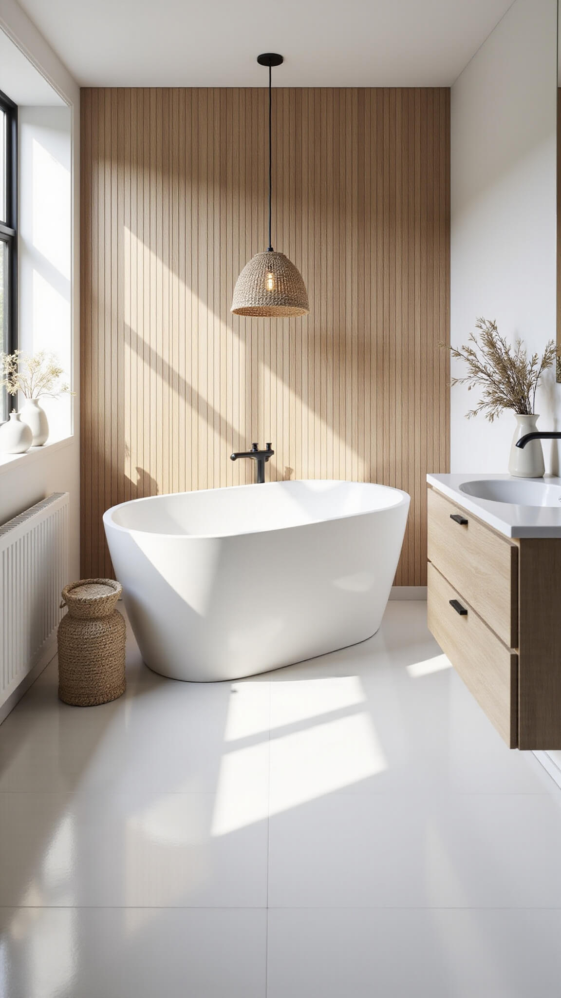 Bright Scandinavian bathroom with freestanding oval tub, wood slat accent wall, floating white oak vanity, and woven pendant light.