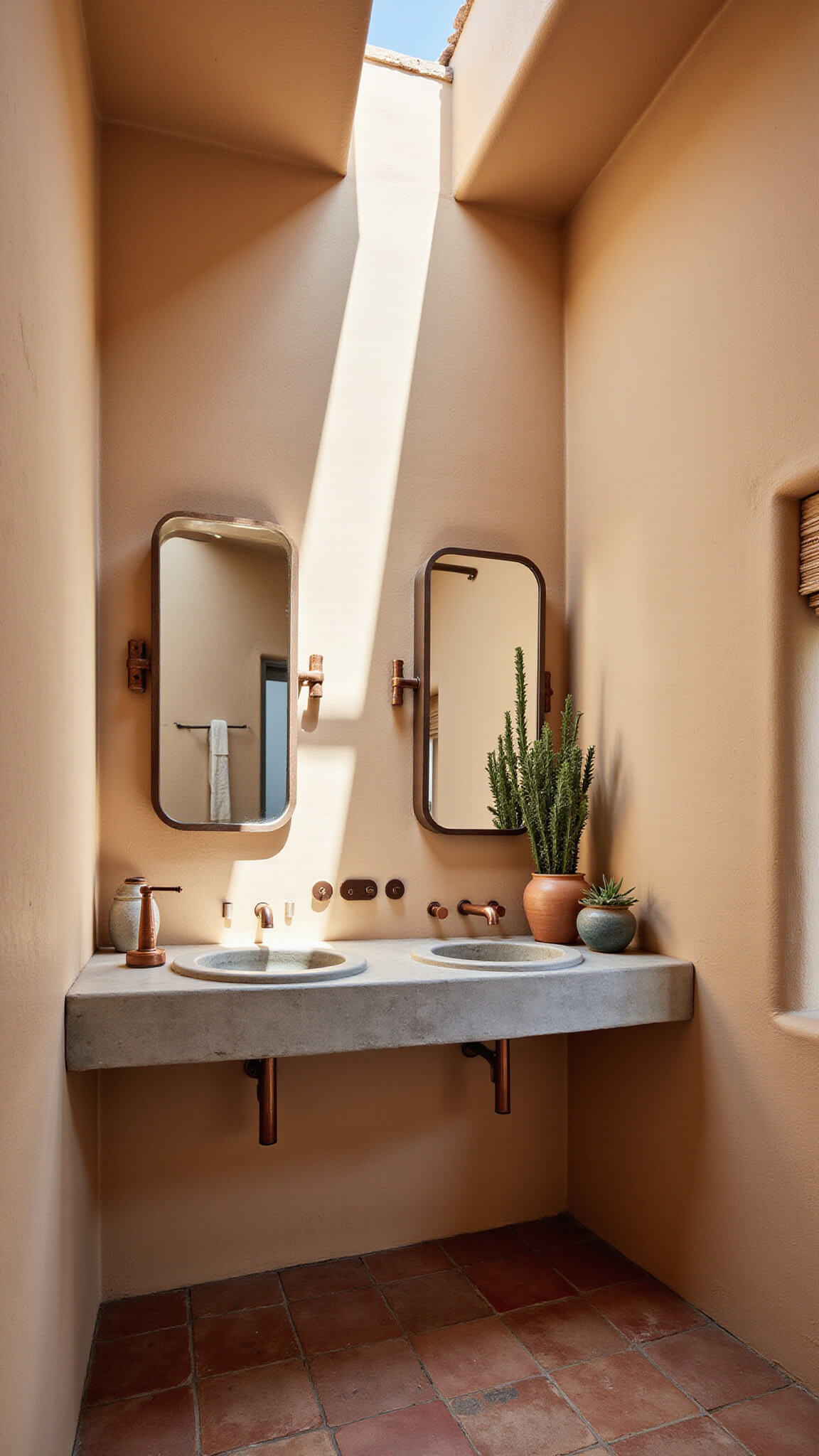 Desert Modern ensuite with clerestory windows, tadelakt sand-toned walls, floating concrete double vanity, terra cotta floor tiles, copper fixtures, and desert plants in earthenware vessels.