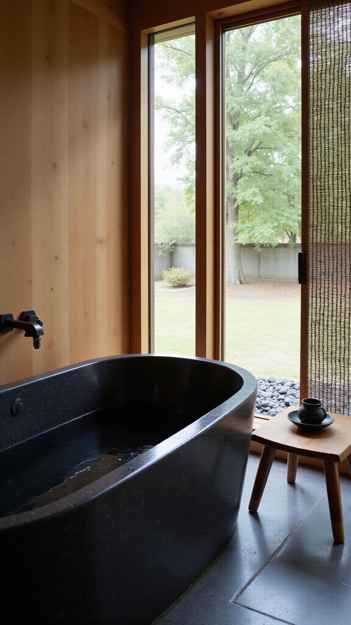 Japanese Zen-inspired bath with black granite tub, shou sugi ban wood wall, bamboo-screened window, river rock shower floor, and hinoki stool with tea set in soft morning light.