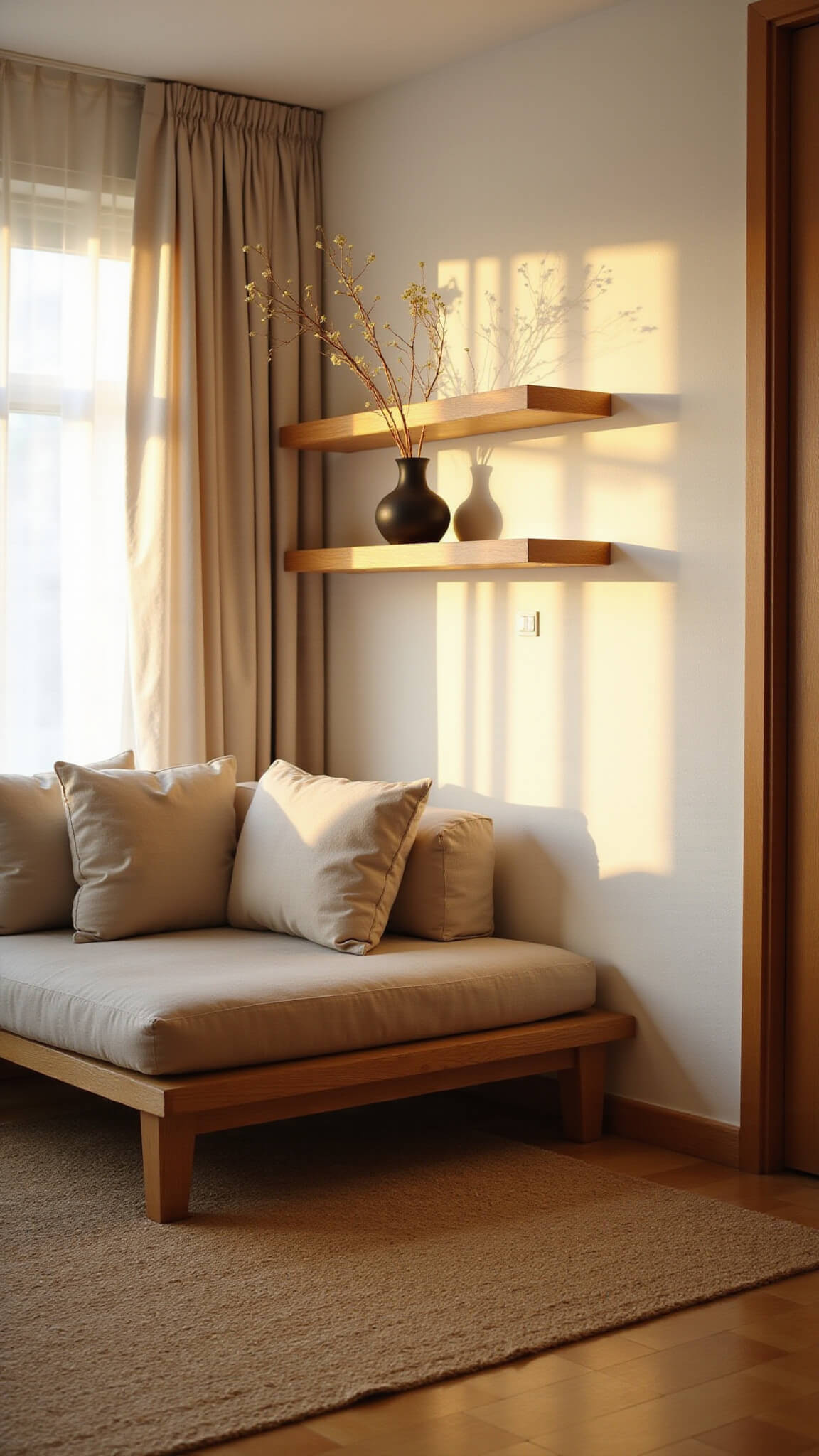 Serene 14x16ft living room at golden hour with sunlight through sheer curtains, oak platform sofa with oatmeal cushions, black ceramic vessel on wooden coffee table, jute rug, matte white walls, floating wood shelves with ikebana, and warm natural lighting.