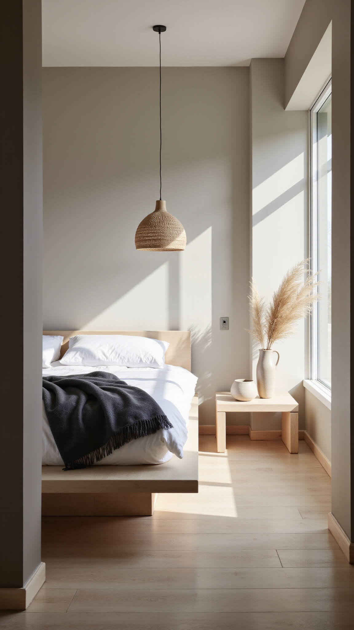 Minimalist 10x12ft bedroom with platform bed, white linens, charcoal throw, bamboo pendant lamp, ceramic vase on side table, warm greige walls, and pale oak floors bathed in soft morning light.