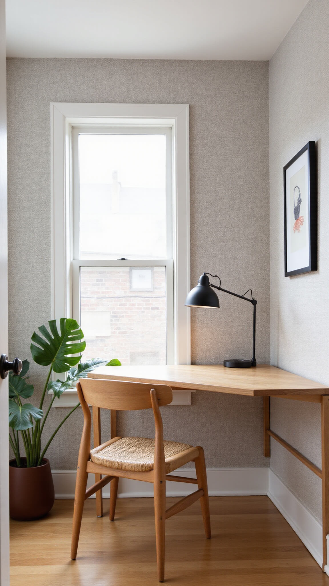 Minimalist 8x10ft home office with oak desk, leather-woven chair, grey grass cloth walls, monstera plant, and abstract artwork, bathed in soft afternoon light.