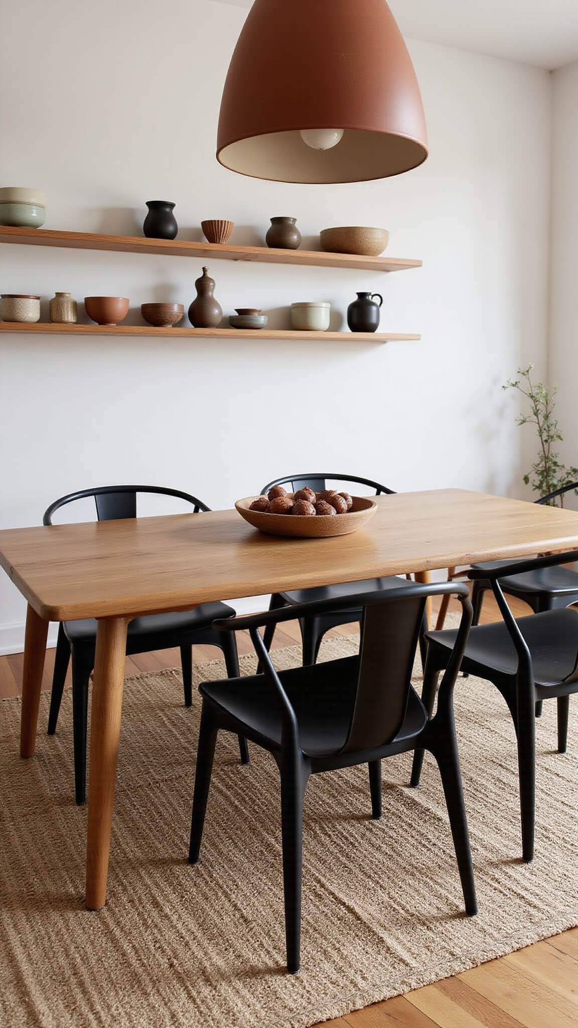 Modern dining space with smoked oak table, black bentwood chairs, matte clay pendant light, sisal rug, and artisanal ceramics on wall shelves.
