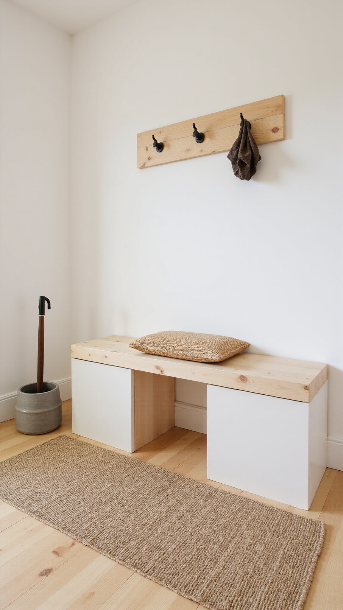 Zen-style 6x8ft entryway with bleached pine bench, woven cushion, ceramic umbrella stand, wool runner, and black steel coat hooks in warm white morning light.