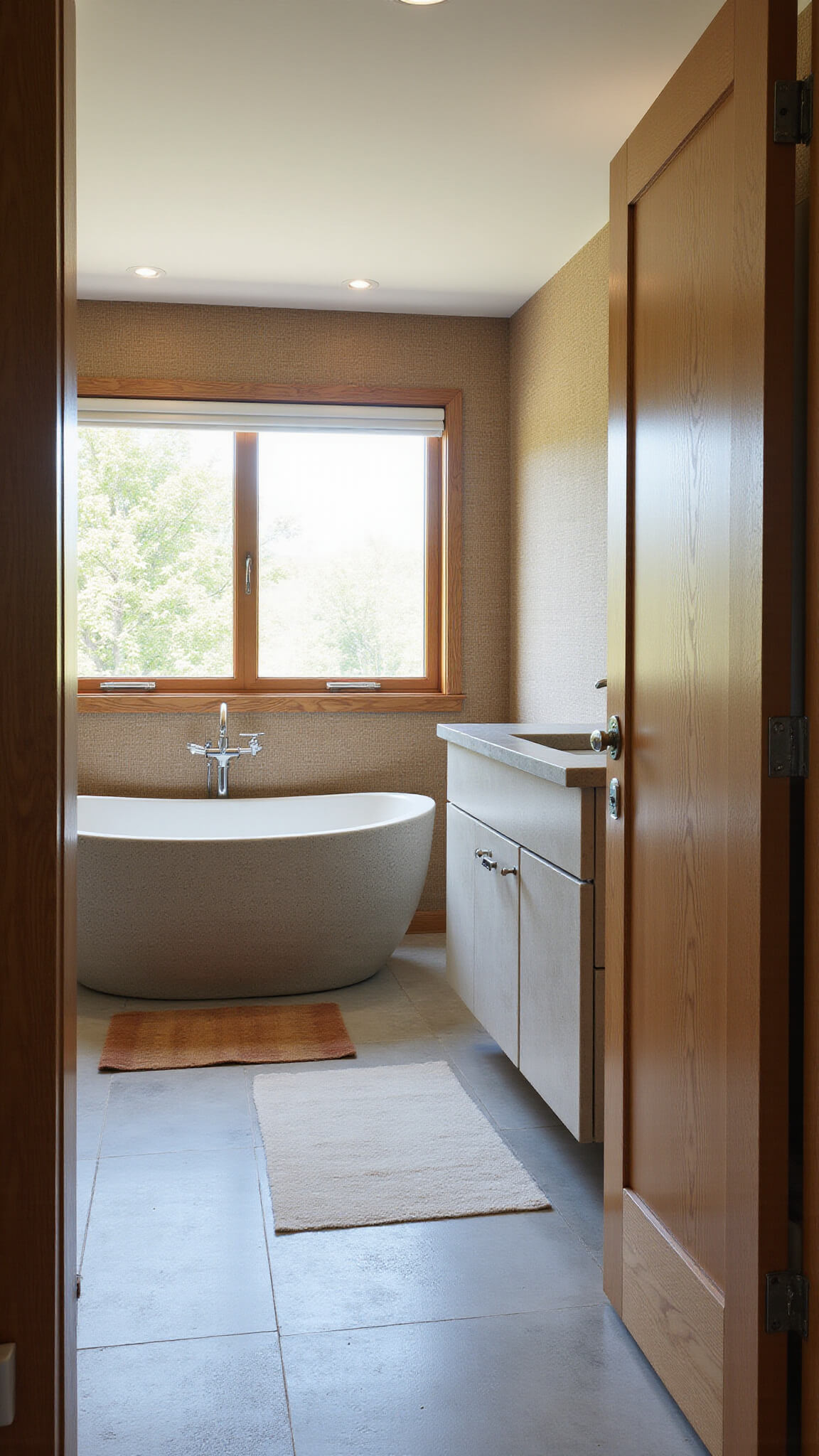 Serene master bath with stone soaking tub, floating oak vanity, and natural textures in dawn light.