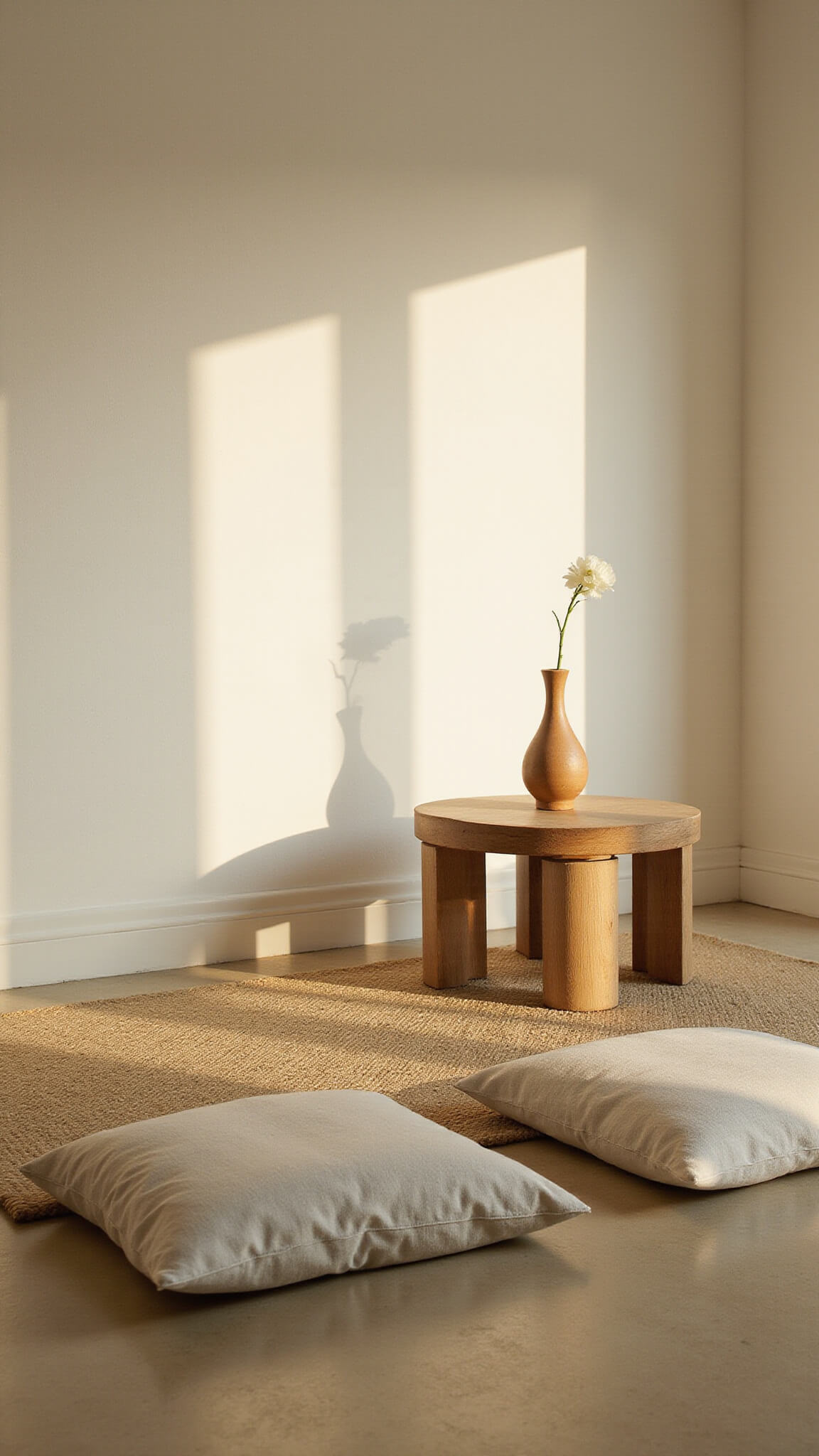 Minimalist 10x12ft meditation room with low linen cushions on a wool rug, wooden altar with bud vase, soft light through shoji screen, pale ash flooring, and vanilla bean white walls.