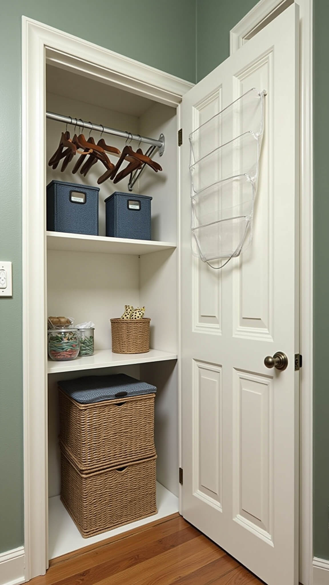 Organized 6x4ft rental closet with white built-ins against sage green wall, rattan boxes, linen bins, walnut hangers, and over-door clear pocket organizers, lit by natural and LED lighting.