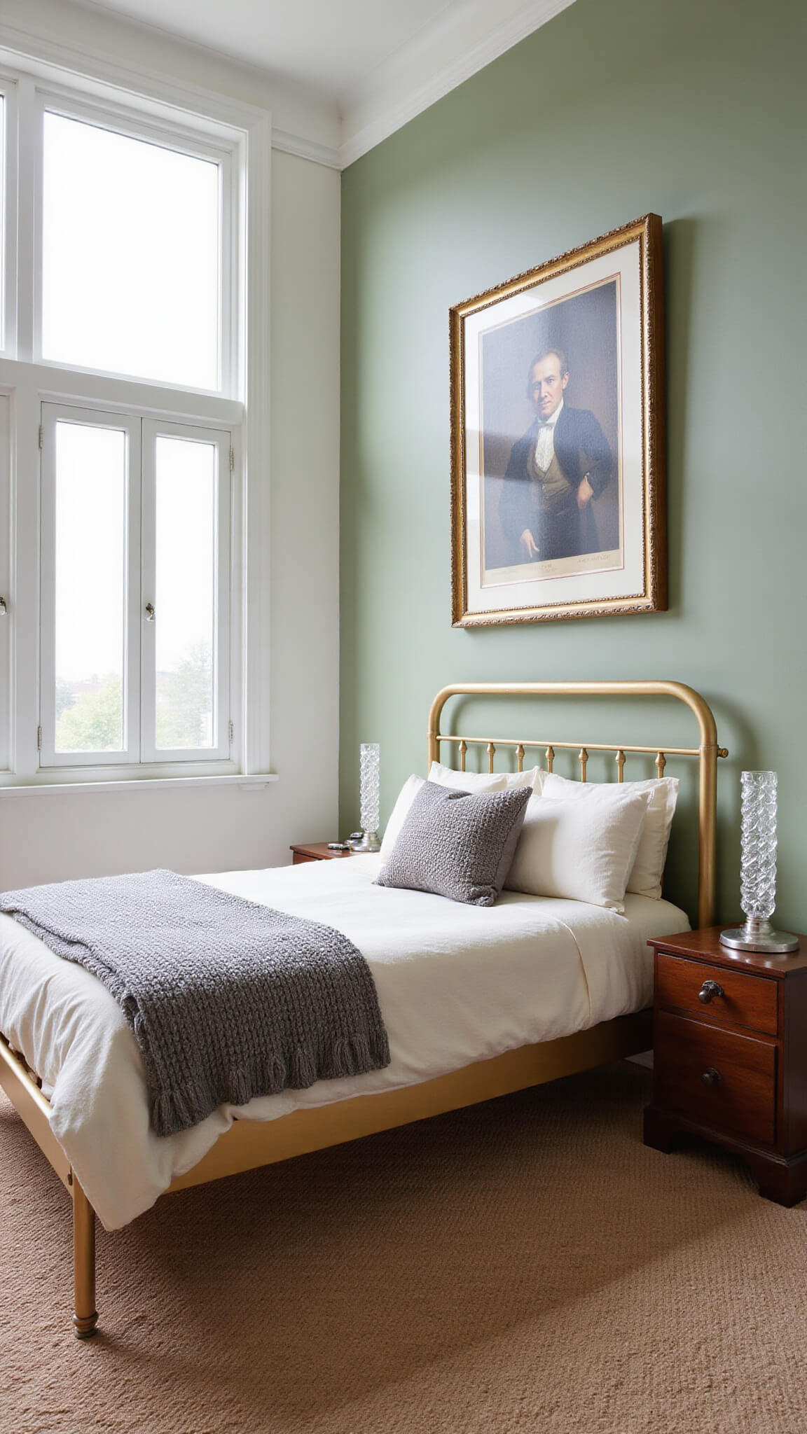 Cozy 14x16ft bedroom with modern brass bed, white and sage green walls, vintage nightstands, textured linens, terracotta rug, and historical oil painting above headboard.