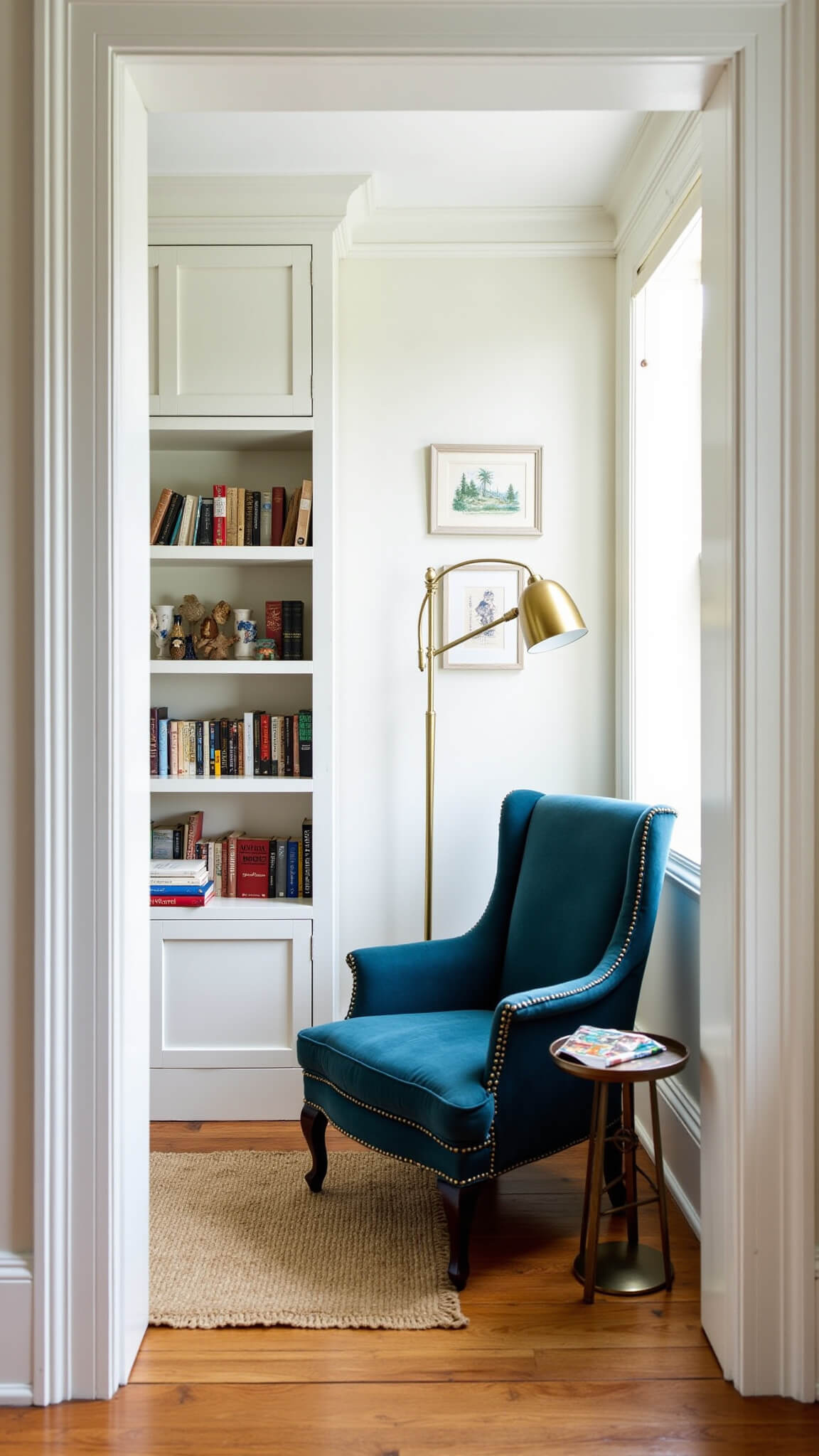 Sunlit reading nook with slate blue Victorian armchair, brass floor lamp, built-in bookshelf, and jute rug over hardwood floors in 10x12ft bedroom alcove at 2pm.
