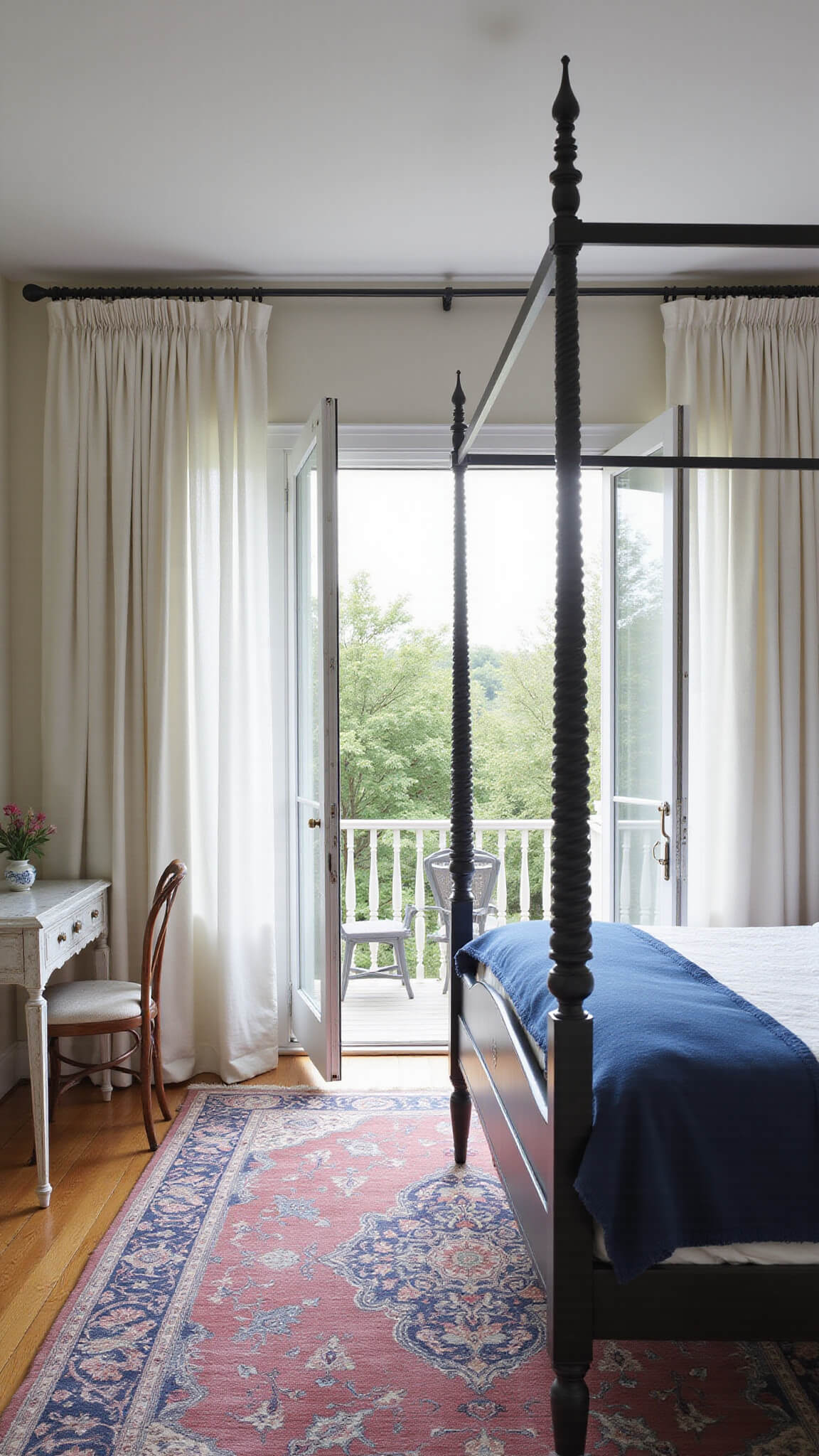 Master bedroom at dawn with French doors, white billowing sheers, black four-poster bed, antique Persian rug, and vintage vanity on lucite console.