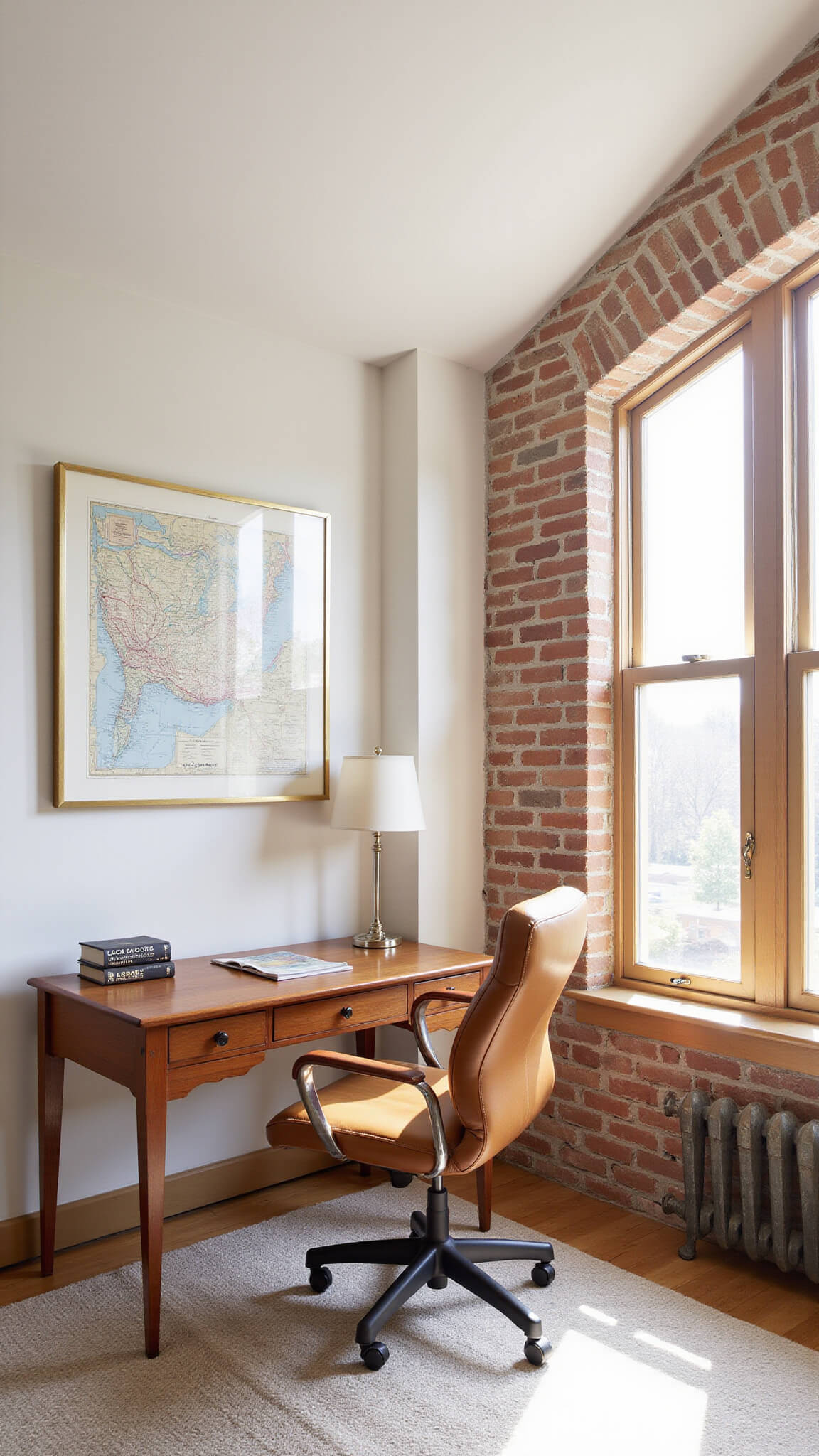 Cozy 8x10ft dormer nook bedroom workspace with mid-century teak desk, camel leather ergonomic chair, vintage maps in brass frames, and warm white painted brick walls in afternoon light.