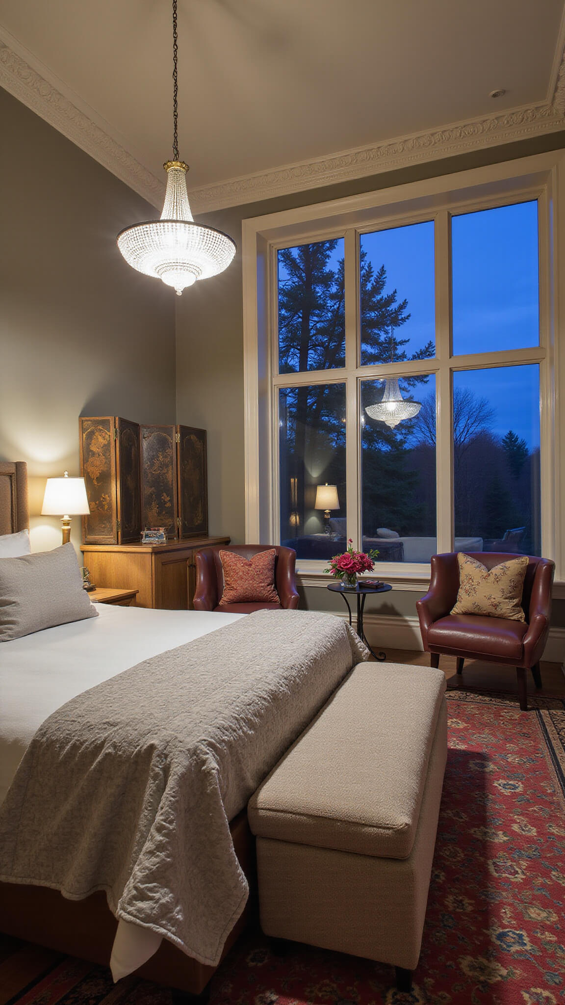 Cozy evening bedroom with modern low-profile bed in dove grey linens, vintage quilt, LED-lit crystal chandelier, antique oriental screens, and warm lighting against a jewel-toned and neutral decor backdrop.