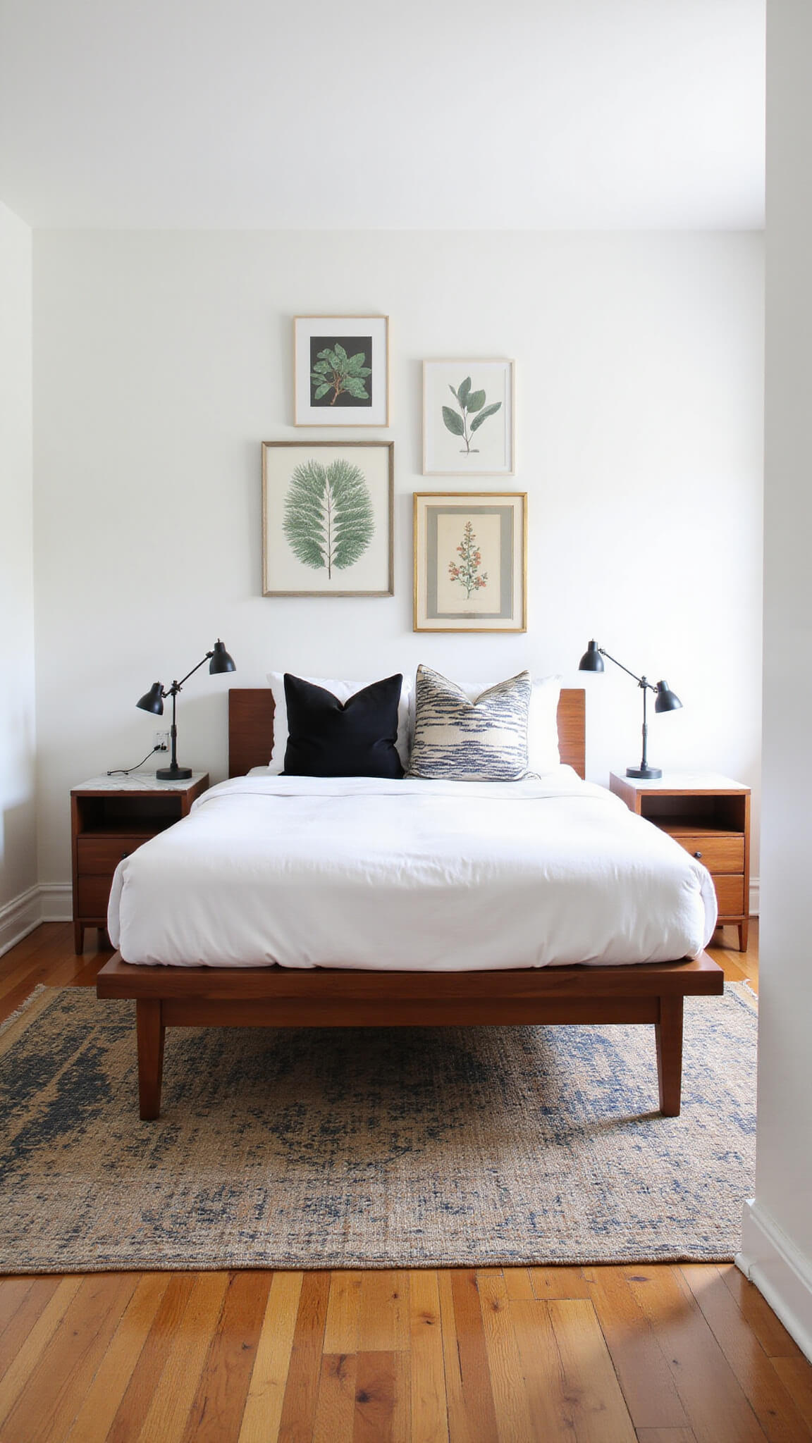 Minimalist modern-vintage guest room with Danish walnut bed, Victorian marble nightstands, mixed gallery wall, layered rugs, and natural midday light.