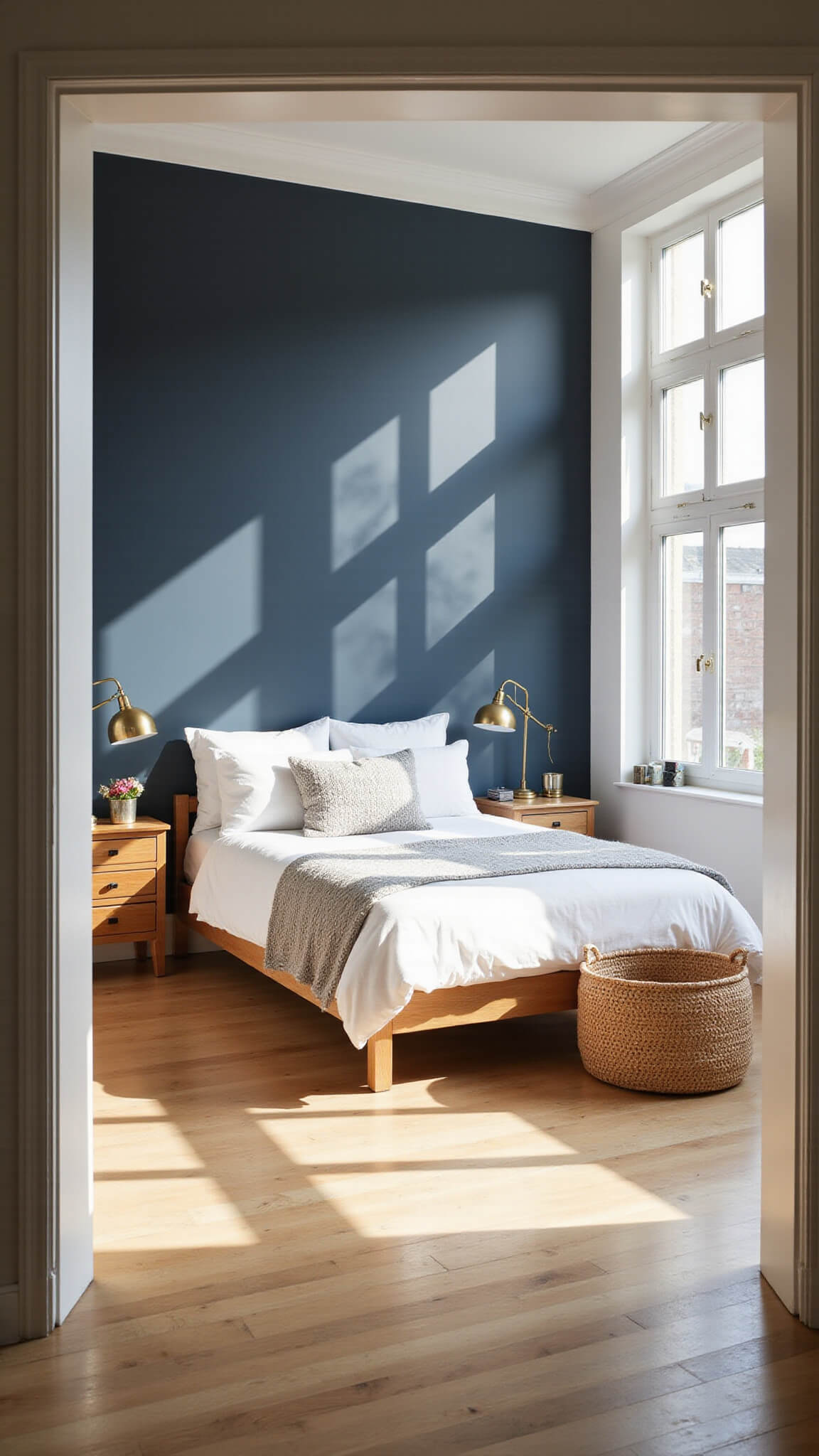 Serene 14x16ft bedroom with navy accent wall, low platform bed in white linen, geometric cushions, pale grey knit throw, oak floors, brass lamps on wood nightstands, rattan basket, and golden hour light streaming through floor-to-ceiling windows.