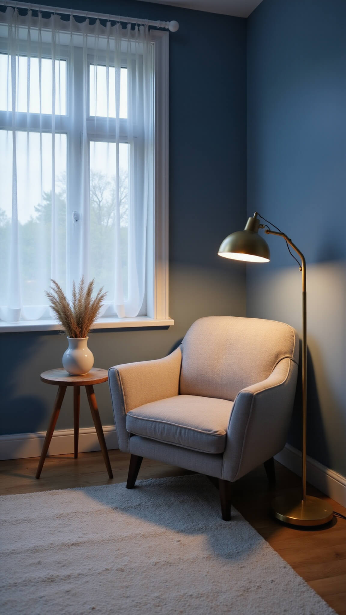 Minimal bedroom corner at dusk with grey armchair, brass floor lamp, blue walls, sheer curtains, and cozy decor.
