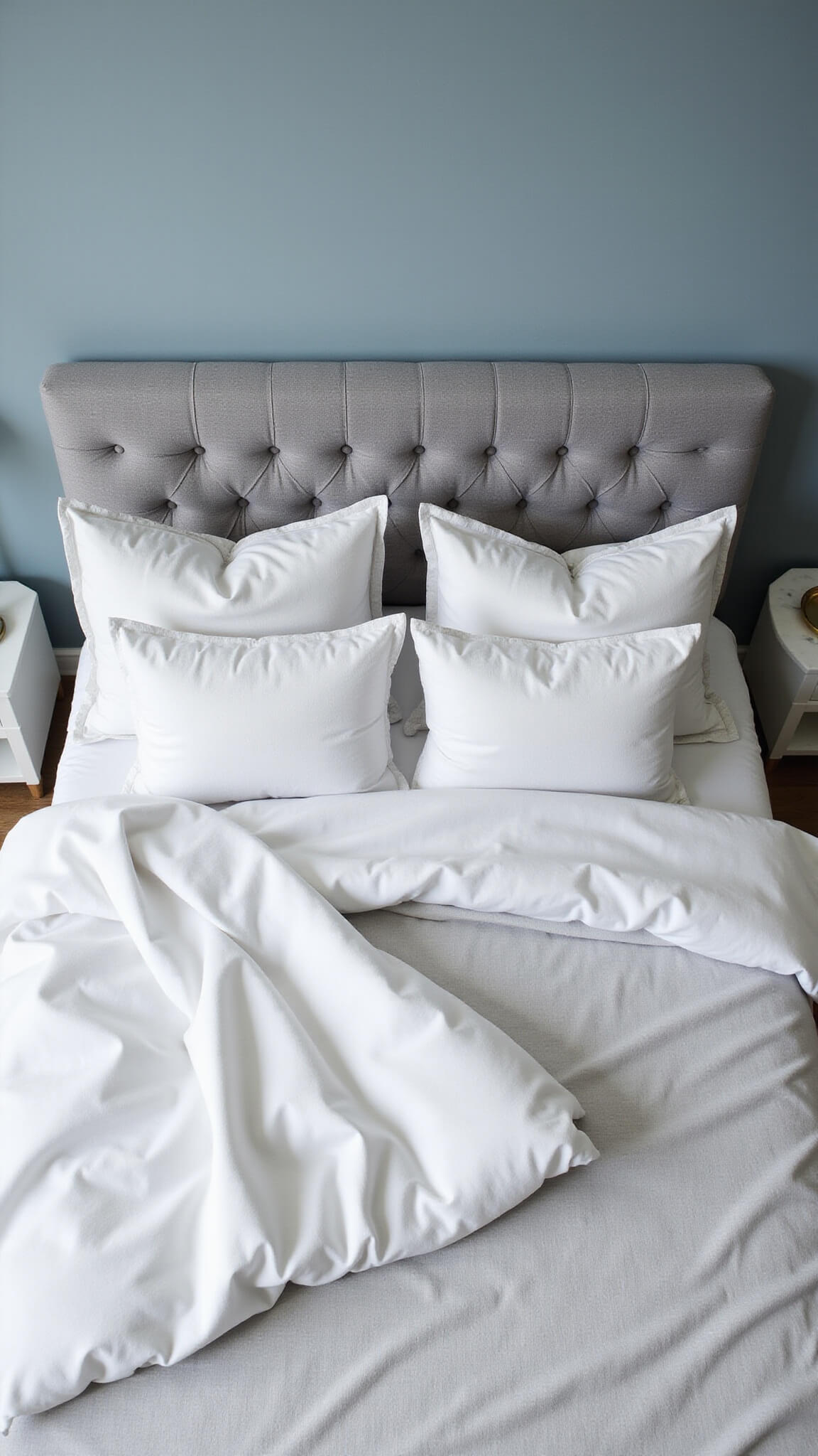Overhead view of a queen bed with white and grey rumpled bedding, textured European pillows, and a tufted grey headboard against dusty blue walls, with morning light and a brass tray on a marble nightstand.