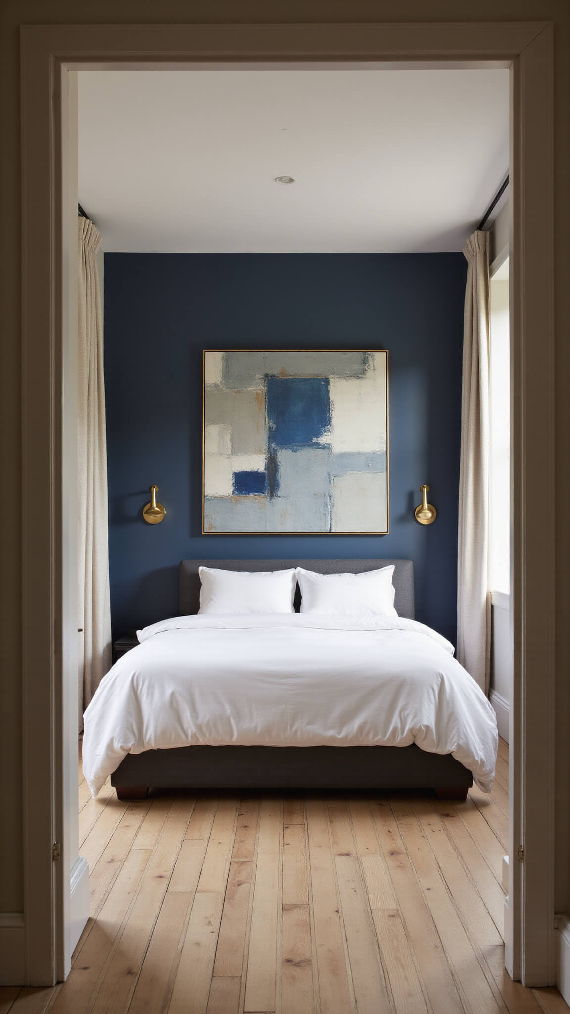 Luxurious master bedroom suite at golden hour with navy feature wall, king bed in white linens, abstract artwork, brass sconces, and warm light through linen curtains.