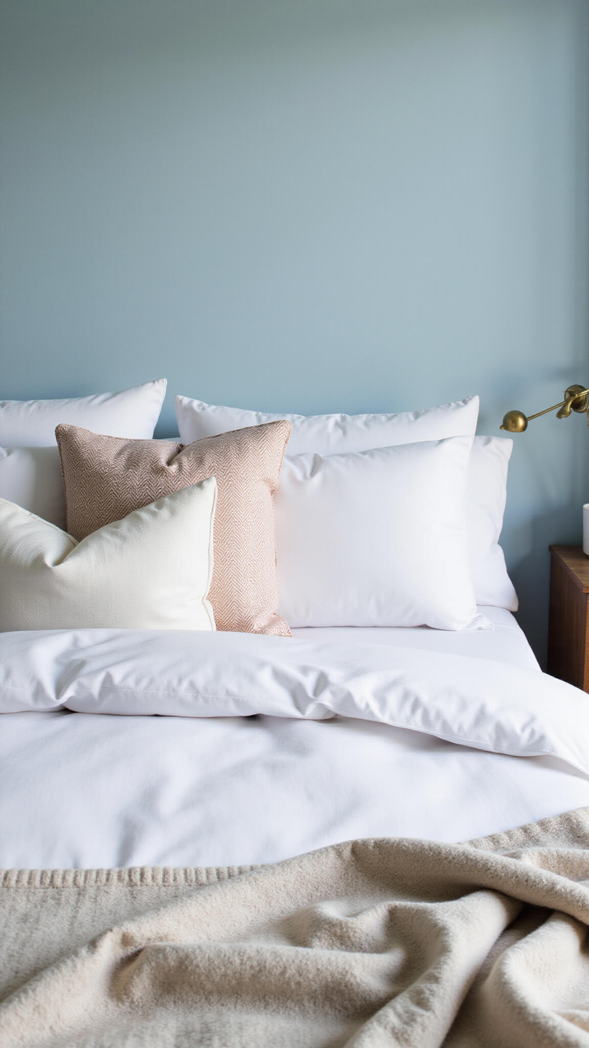 Close-up of layered white bedding with silk, linen, and cotton textures against powder blue walls, featuring geometric cushions, a herringbone throw, and warm brass accents in soft morning light.