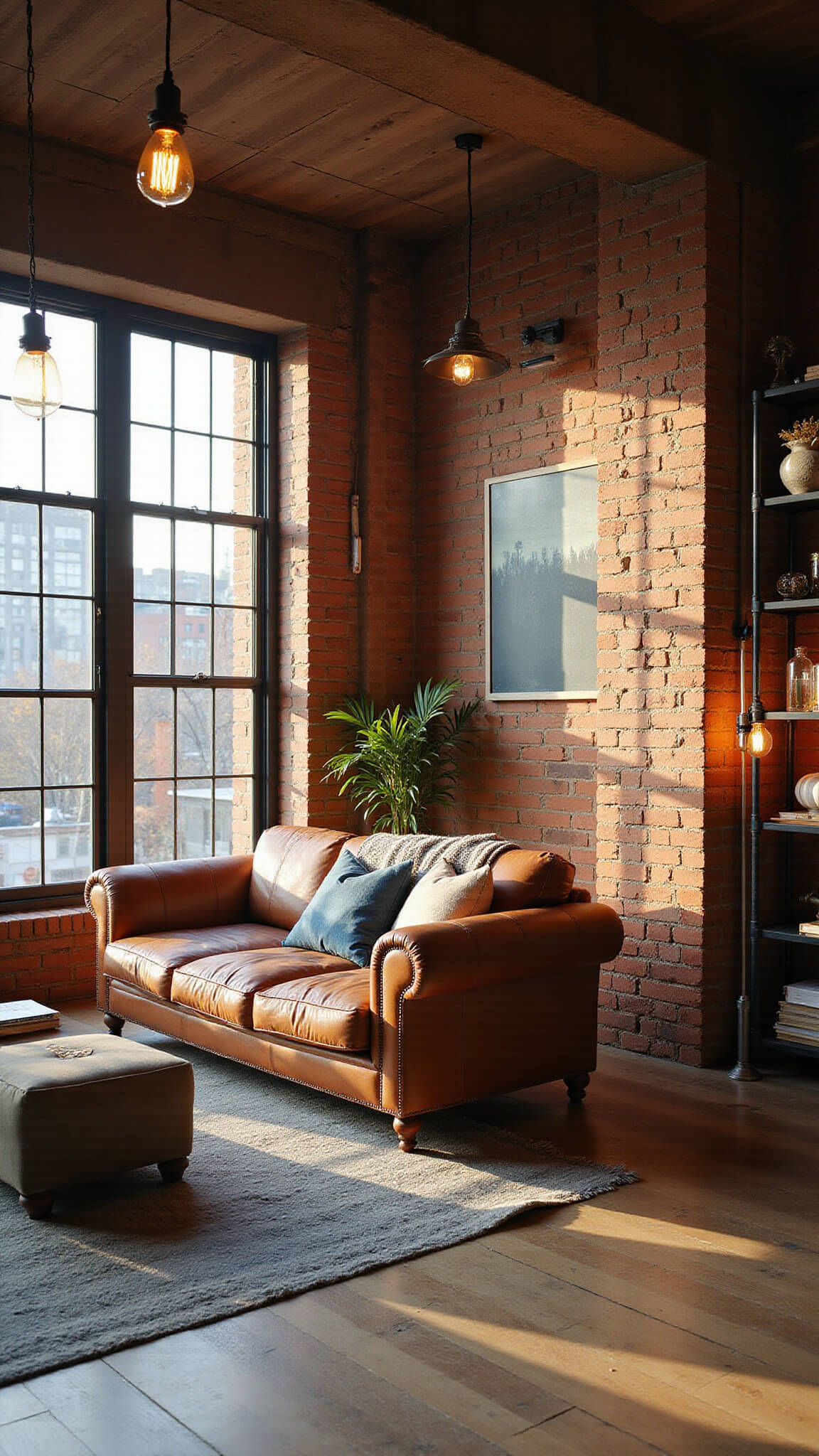 Open-concept industrial living room at golden hour with sunlit brick walls, cognac Chesterfield sofa, reclaimed wood floors, steel shelving, and vintage lighting.