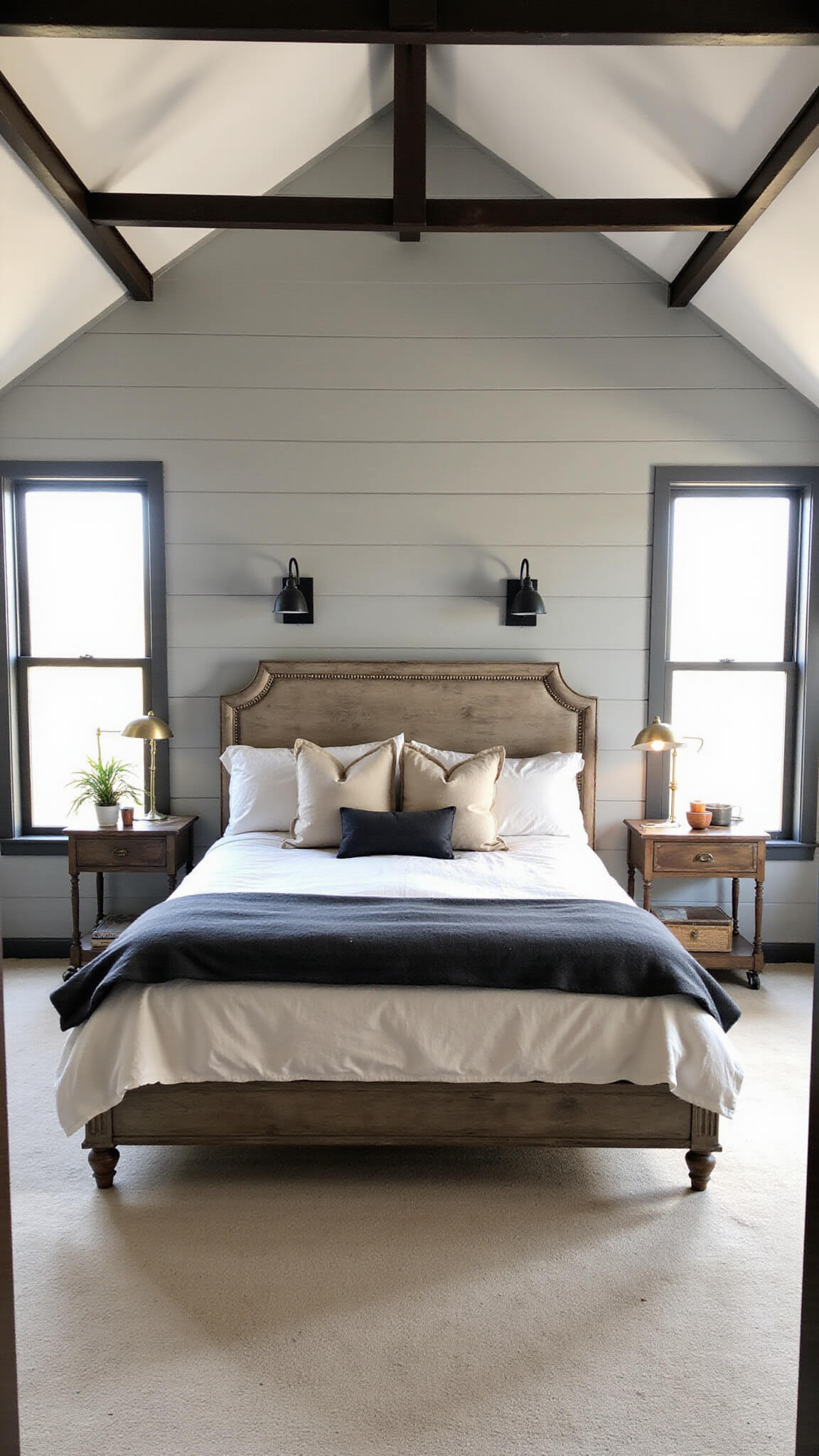 Master bedroom with king bed, vaulted ceiling with exposed metal trusses, shiplap accent wall, vintage windows, and industrial decor in soft morning light.