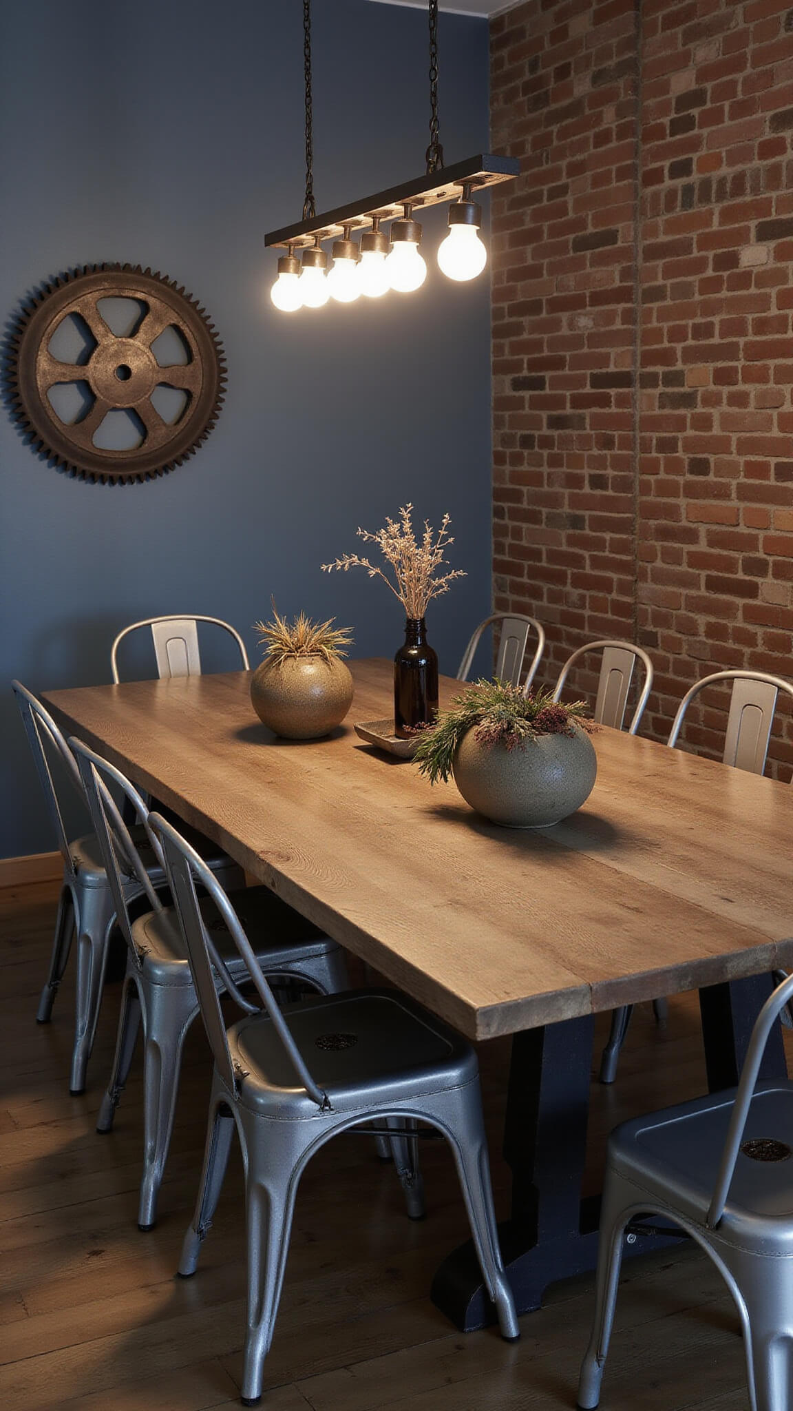 Moody blue hour dining space with salvaged wood table, Tolix chairs, church pews, industrial gear wall art, exposed bulb chandelier, and dried botanicals in concrete vessels.