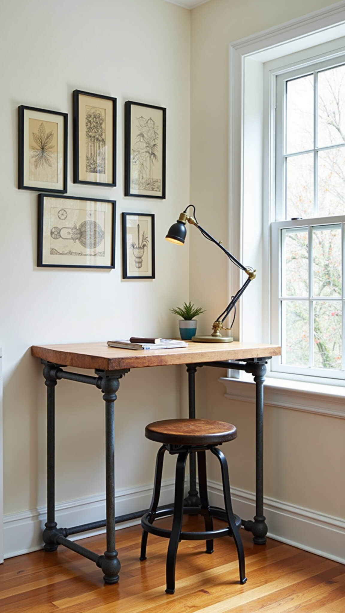 Symmetrical home office nook with industrial pipe desk, vintage drafting stool, gallery wall of technical drawings, and wall-mounted task lamp, bathed in midday light.
