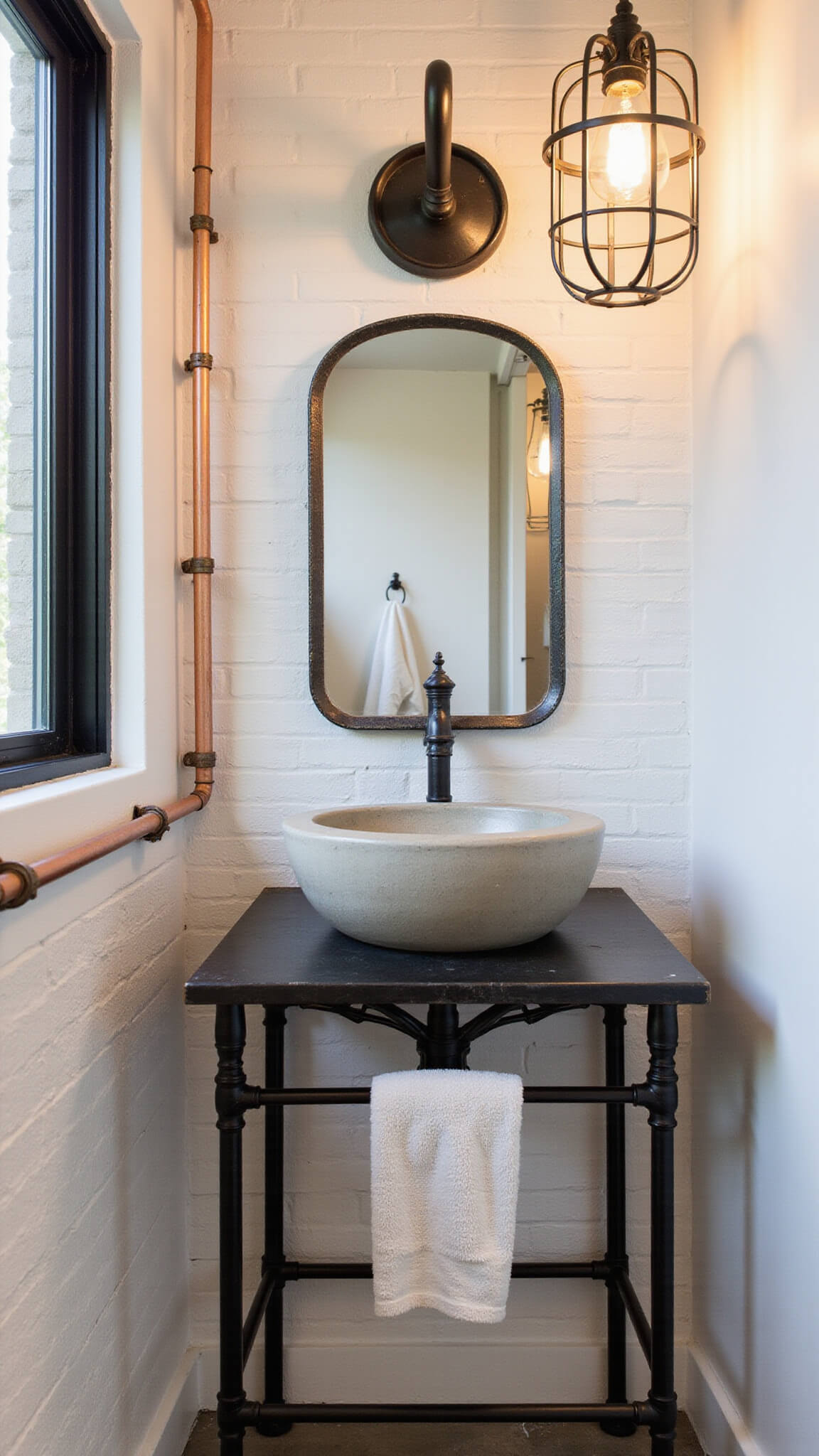Twilight-lit powder room with concrete sink on black iron frame, vintage zinc-framed mirror on white brick wall, industrial cage sconce, exposed copper towel bar, and textured elements like brick, concrete, metal, and linen.