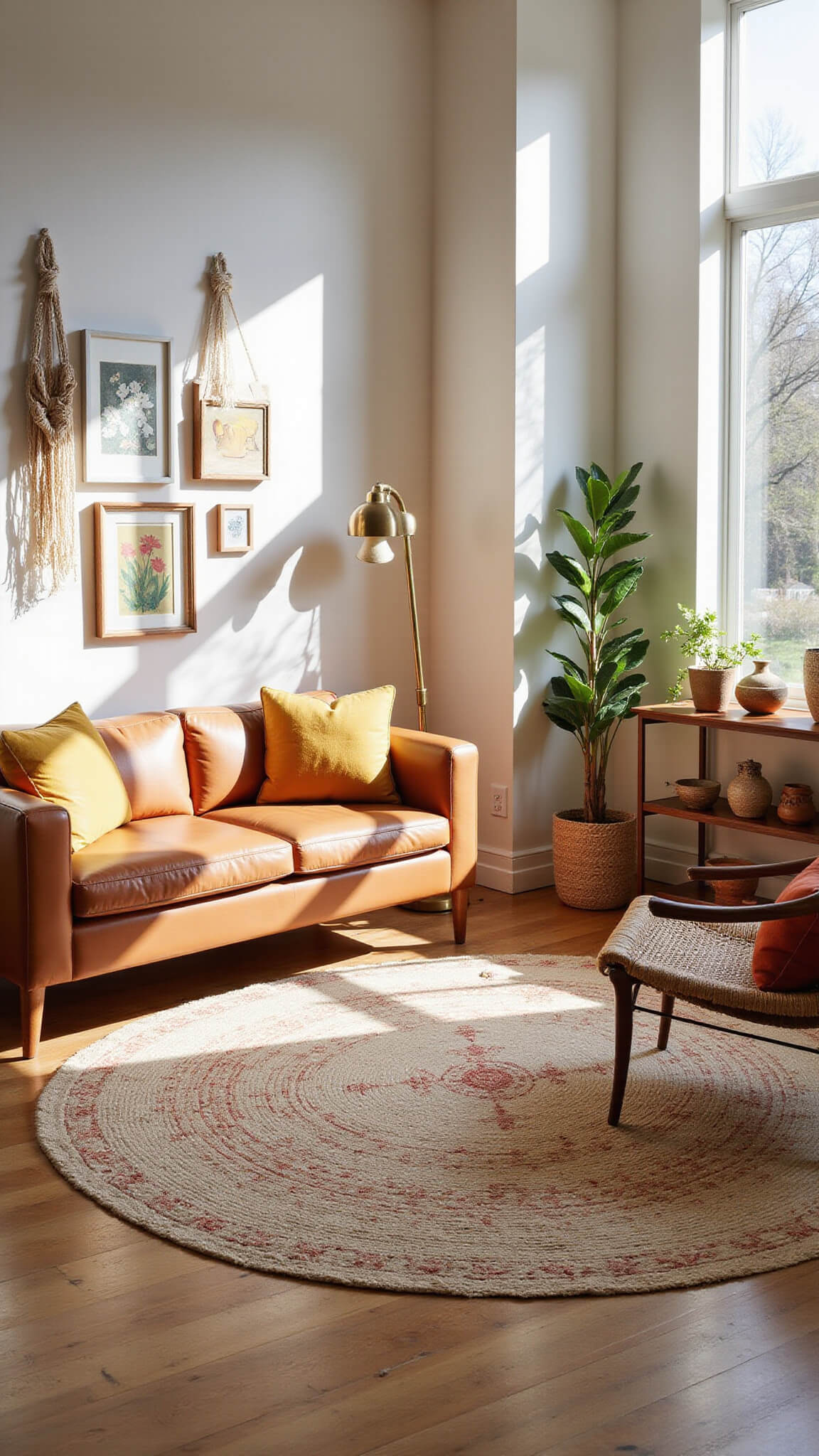 Sunlit mid-century modern living room with cognac leather sofa, vintage decor, layered rugs, and west-facing windows.