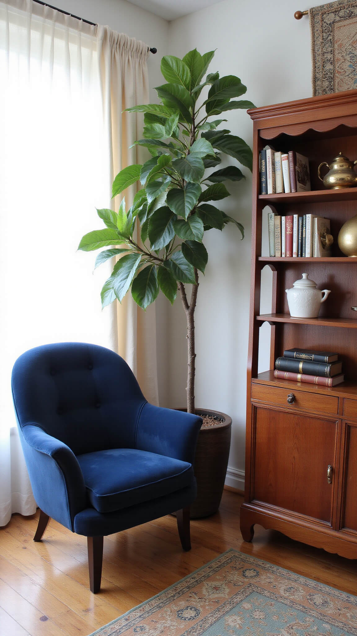 Cozy reading nook with navy velvet egg chair beside tall fiddle leaf fig, vintage teak bookshelf, and warm morning light through sheer curtains.