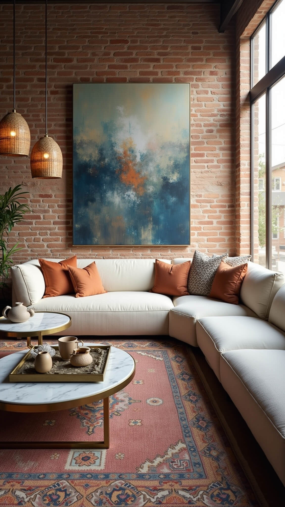 Open-concept living space with exposed brick wall, industrial windows, white bouclé sectional, abstract blue and rust artwork, layered Kilim rugs, marble-top brass coffee table, ceramic vessels, and rattan pendant lights at golden hour.