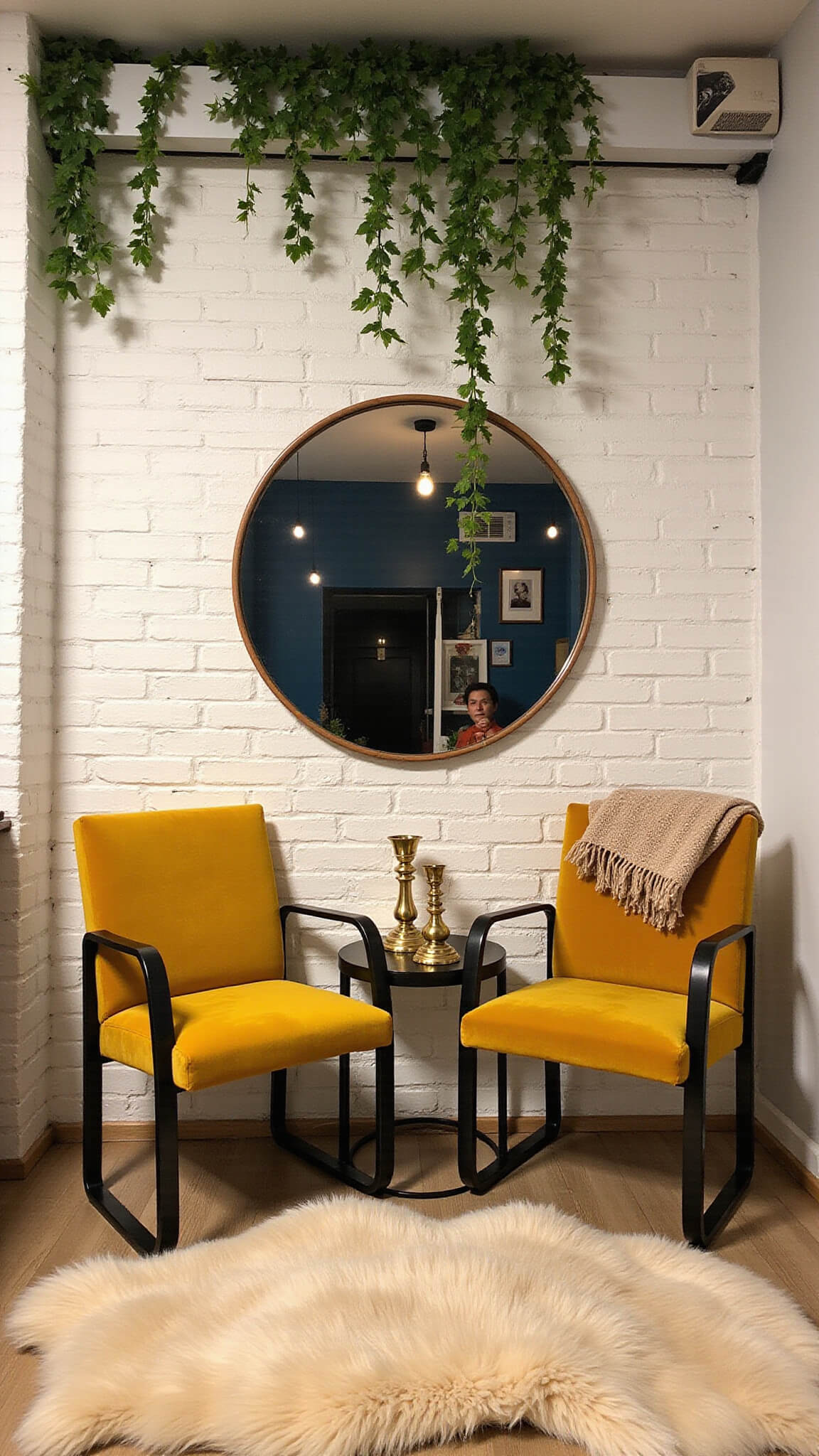 Cozy conversation nook with mustard yellow velvet armchairs, white brick wall, circular mirror, trailing plants, and warm lighting during blue hour.