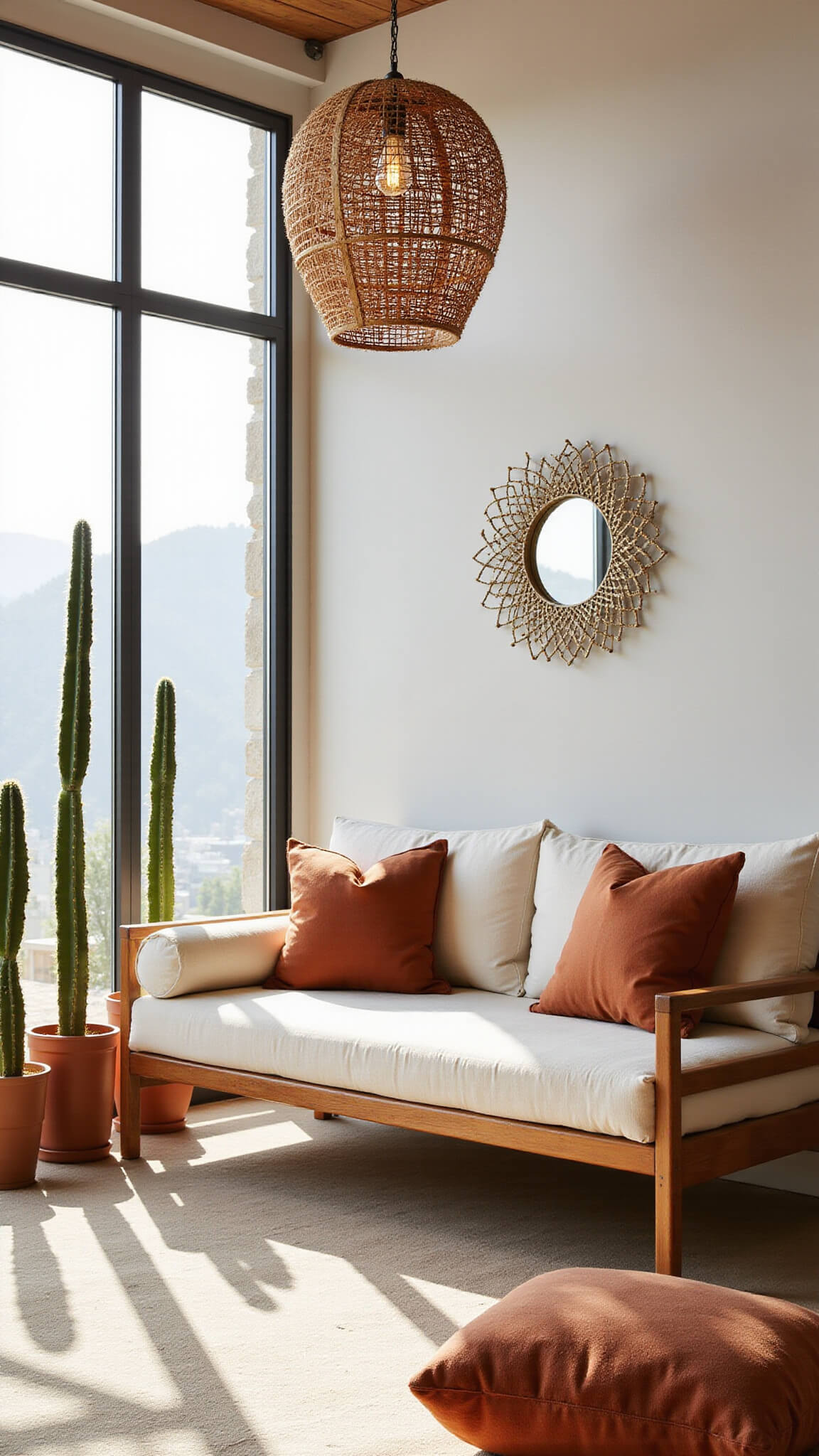 Corner seating in sunlit 16x18ft room with teak daybed, ivory cushions, rust bolsters, terracotta potted cacti, brass sculpture, Moroccan pouf, and woven pendant casting shadows.