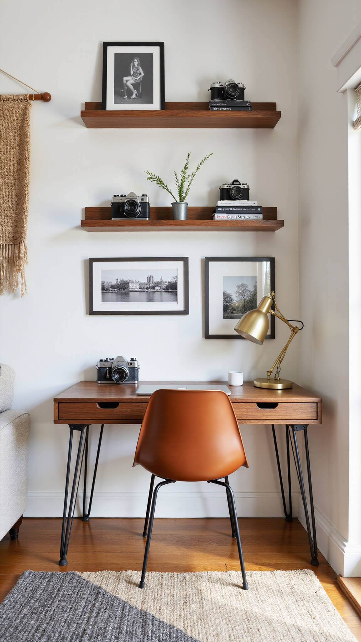 Modern home office nook with walnut desk, Eames chair, gallery wall of black-and-white photos, and floating shelves displaying vintage cameras and art books.