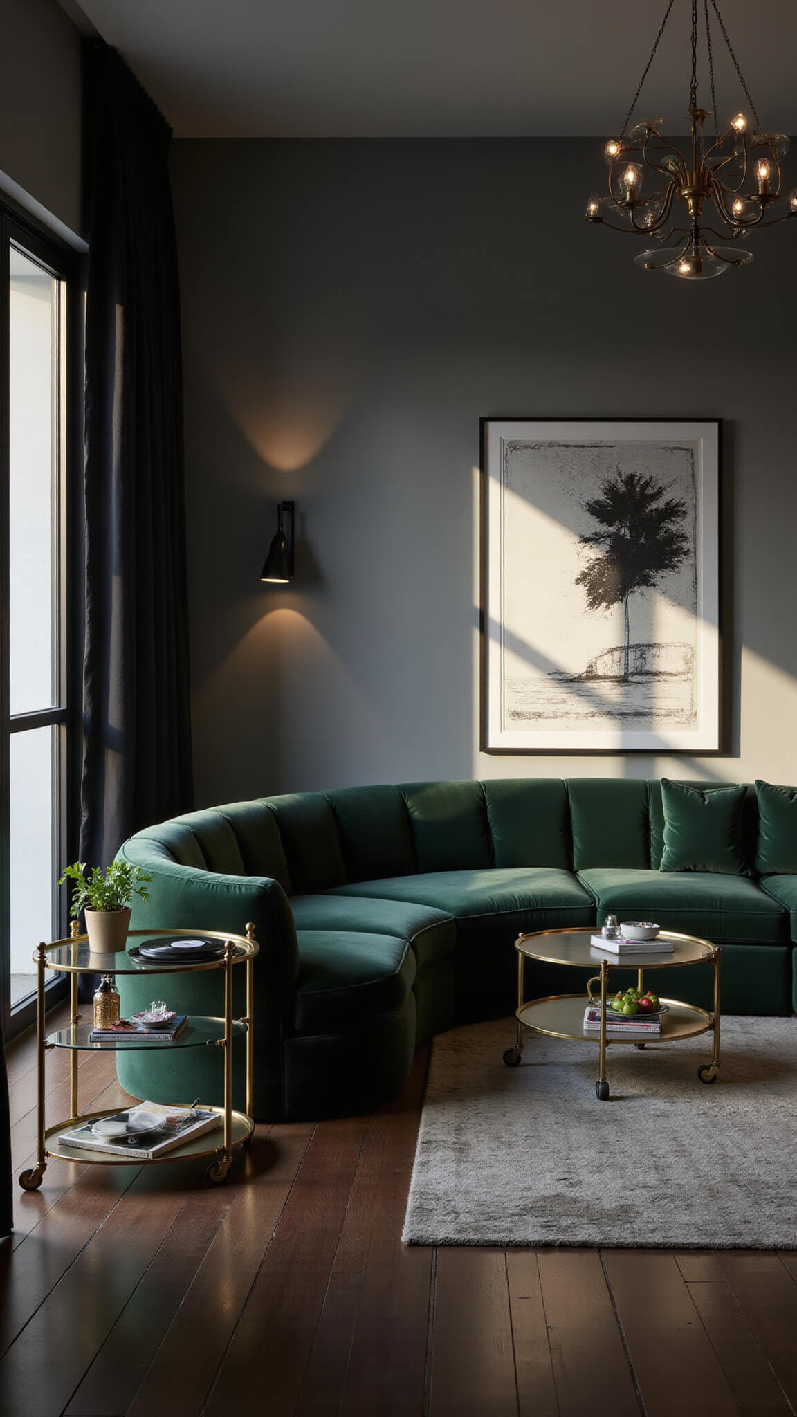High-angle view of a moody cocktail lounge corner in an 18x20ft living room featuring a deep green curved velvet sofa, mid-century brass and glass bar cart, statement chandelier casting shadows, black and white abstract art, and vintage record player on a floating console.