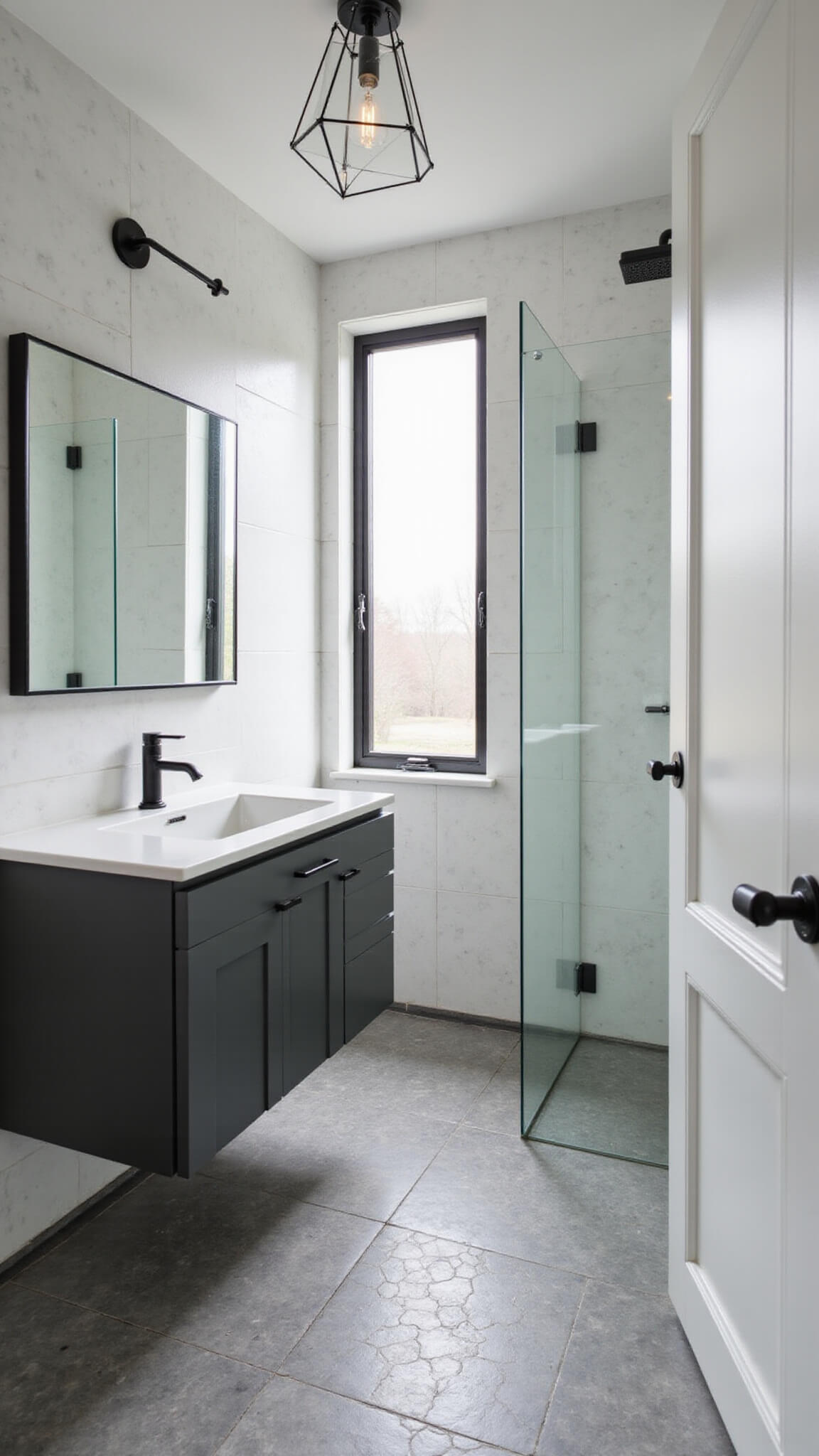 Modern 5x7ft bathroom with marble-look wall tiles, floating vanity, geometric pendant light, and hexagonal gray floor tiles.