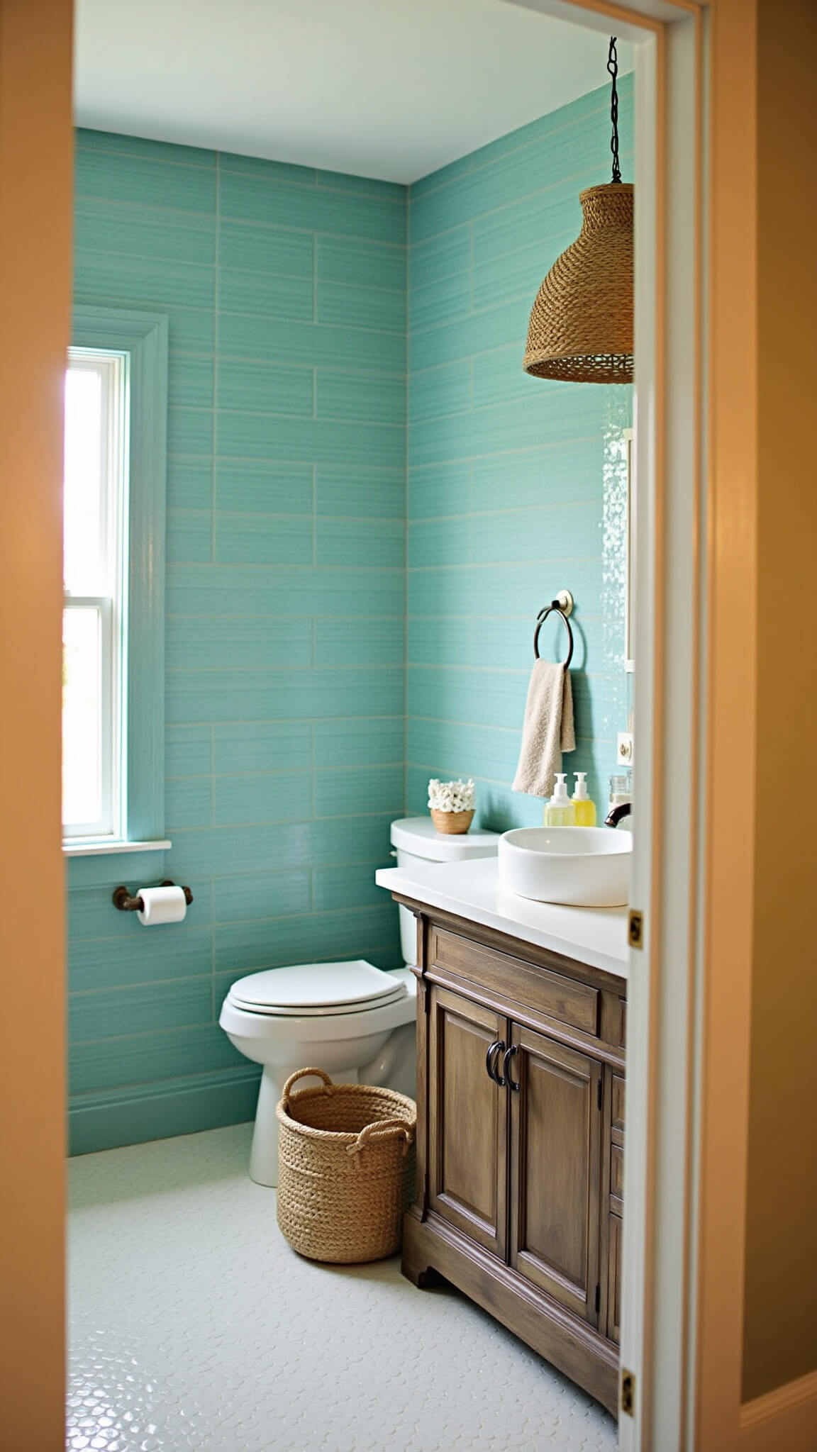 Coastal-style 6x8ft bathroom with glossy aqua vertical subway tiles, white penny round floor, weathered wood vanity, vessel sink, and natural golden hour lighting.