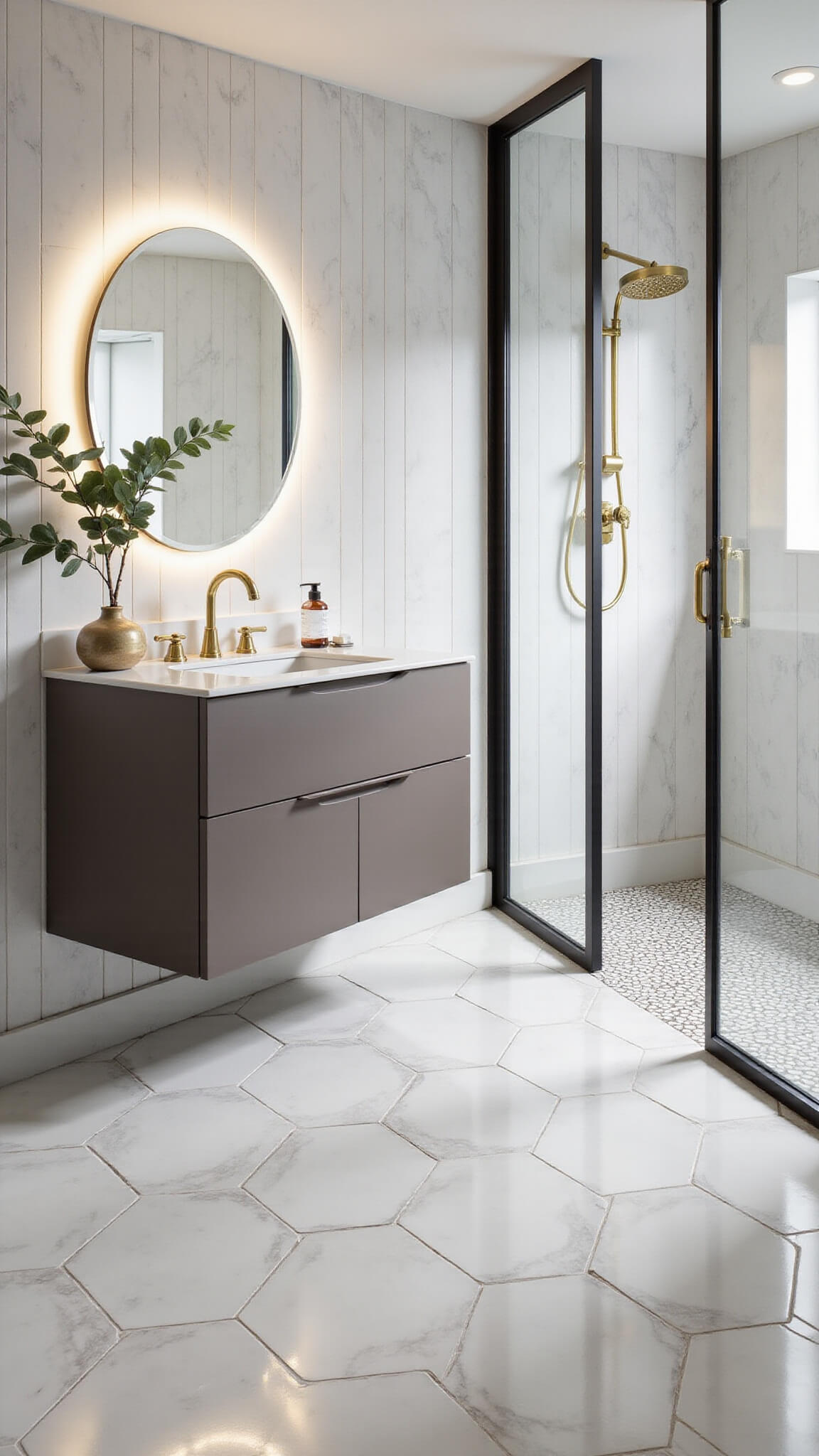 High-angle view of a modern 6x7ft bathroom with vertical white marble-effect wall tiles, herringbone marble mosaic floor, floating matte taupe double vanity with brass hardware, backlit round mirror, black-framed glass shower partition, and decor including eucalyptus and artisanal pottery.