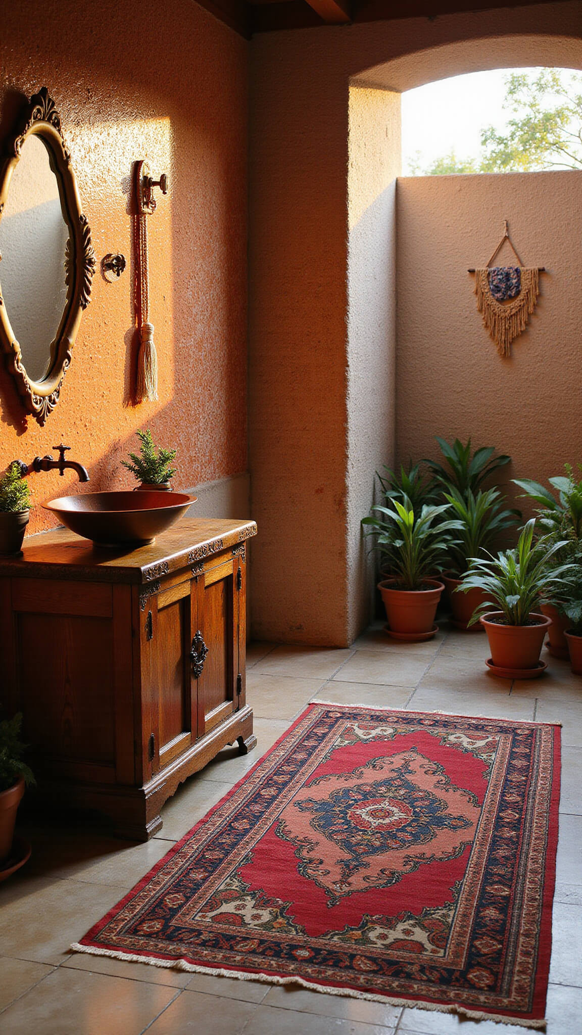 Bohemian 5x8ft bathroom with terracotta zellige tile feature wall, vintage Persian rug, carved wood vanity with copper sink, macramé wall hanging, potted plants, and warm sunset lighting highlighting tile textures.
