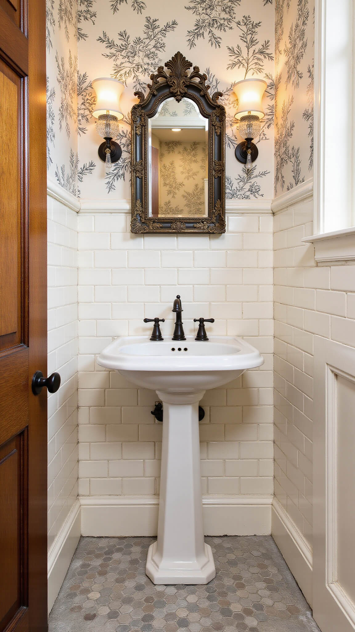 Traditional 6x6ft powder room with cream subway tiles, marble hex wainscoting, floral wallpaper, pedestal sink, and crystal sconces.