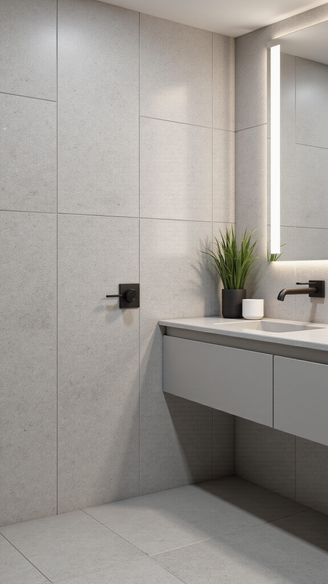 Modern 5x7ft bathroom at dawn with terrazzo-look gray tiles, floating concrete vanity, floor-to-ceiling mirror, dramatic vertical lighting, matte black fixtures, and a single orchid plant.