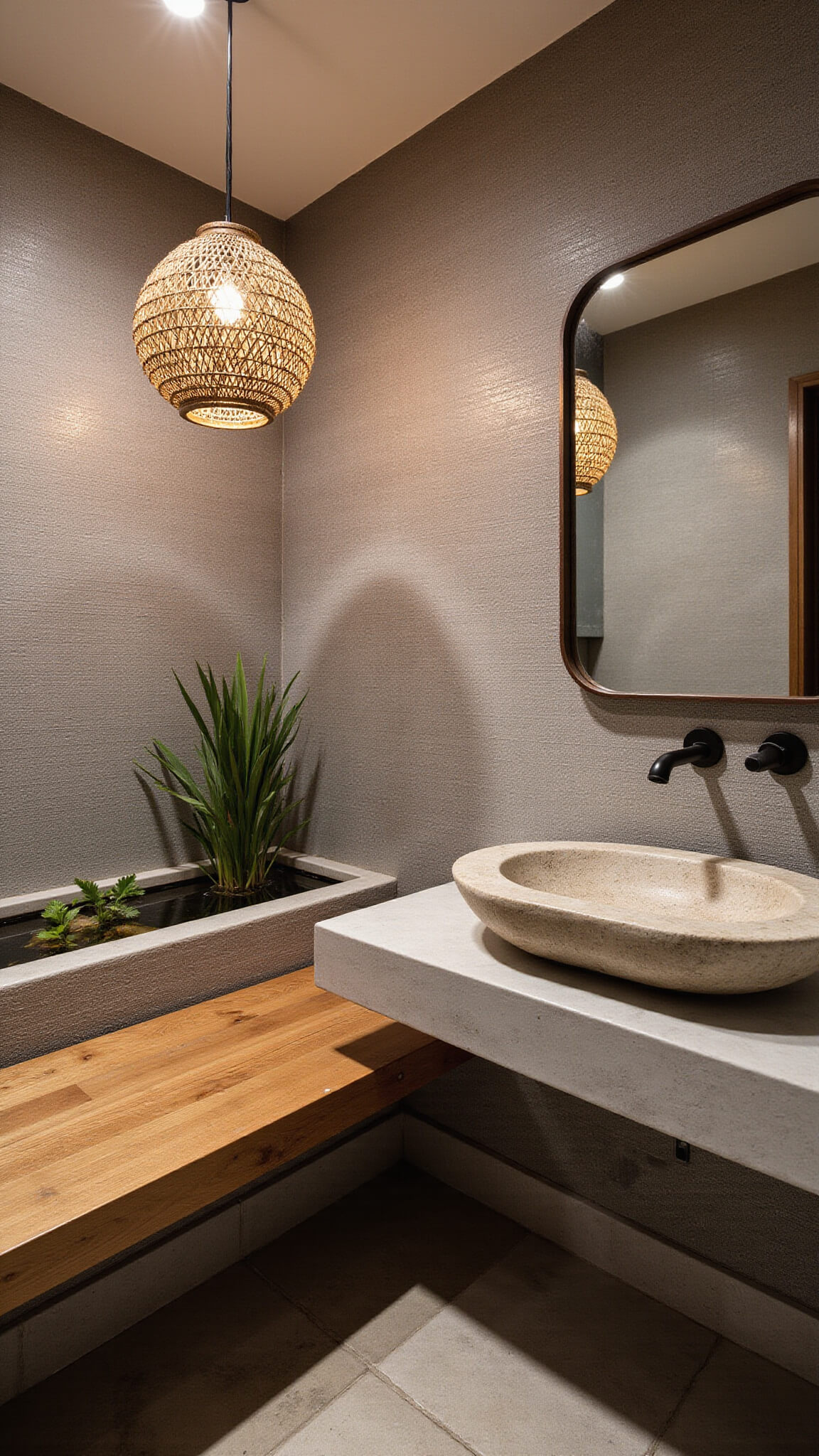 Close-up of serene powder room corner with teak bench, stone vessel sink on concrete counter, water feature, and warm gray grasscloth walls.