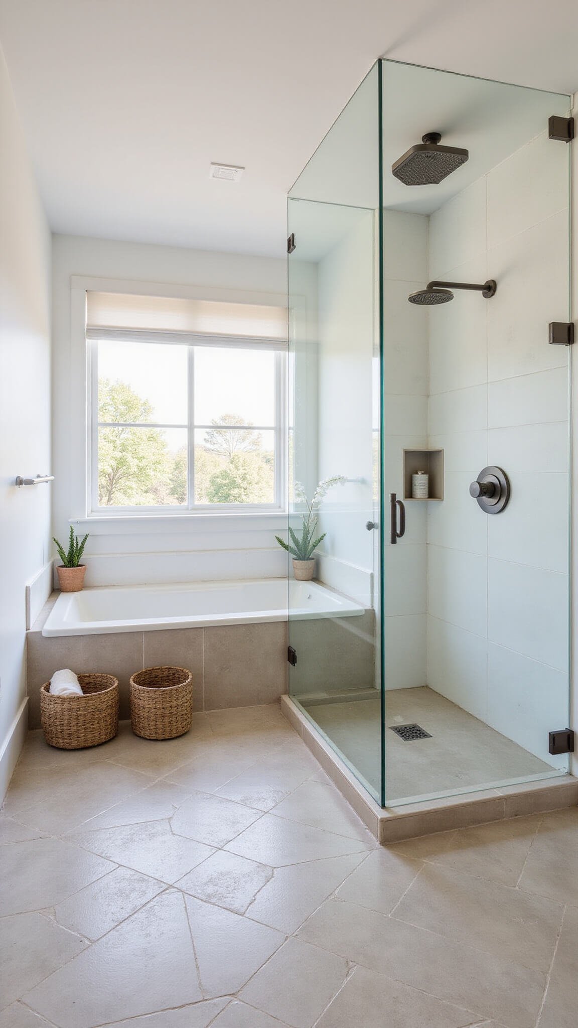 Wide-angle view of contemporary 9x11ft zen bathroom with geometric greige floor tiles, white walls, gunmetal fixtures, glass shower with bamboo bench, and soft natural light.