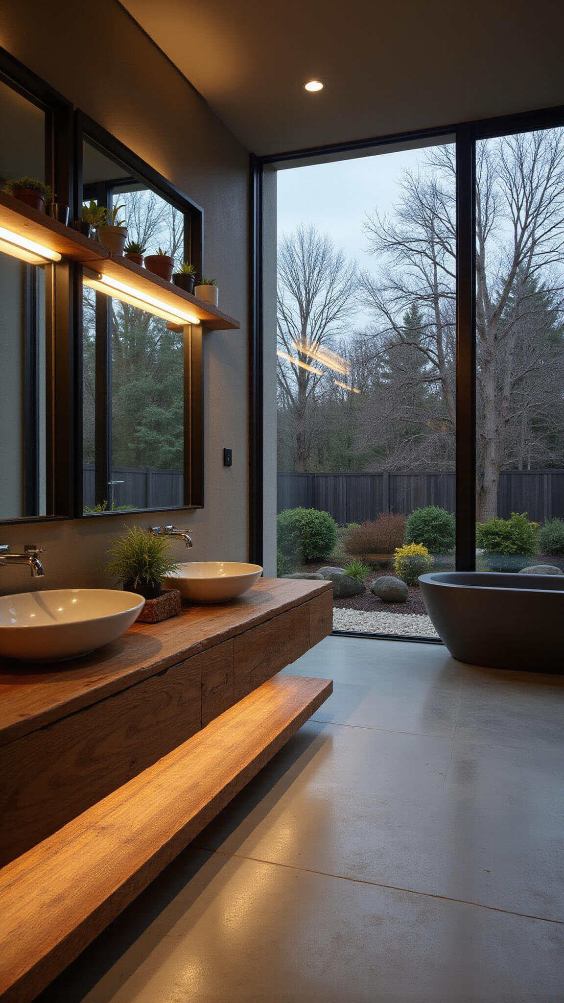 Modern zen bathroom with soaking tub facing private garden, floating reclaimed wood shelves, concrete floors, and backlit mirror captured at dusk.