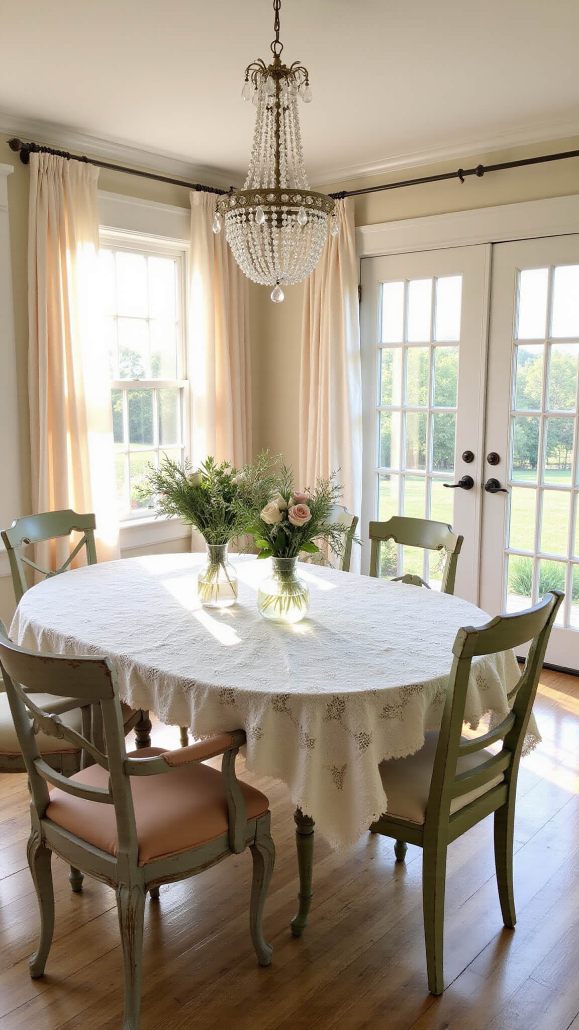 Sunlit vintage dining room with farmhouse table, mismatched pastel chairs, crystal chandelier, lace tablecloths, wild roses in mercury glass vases, and sheer-curtained windows filtering golden hour light.