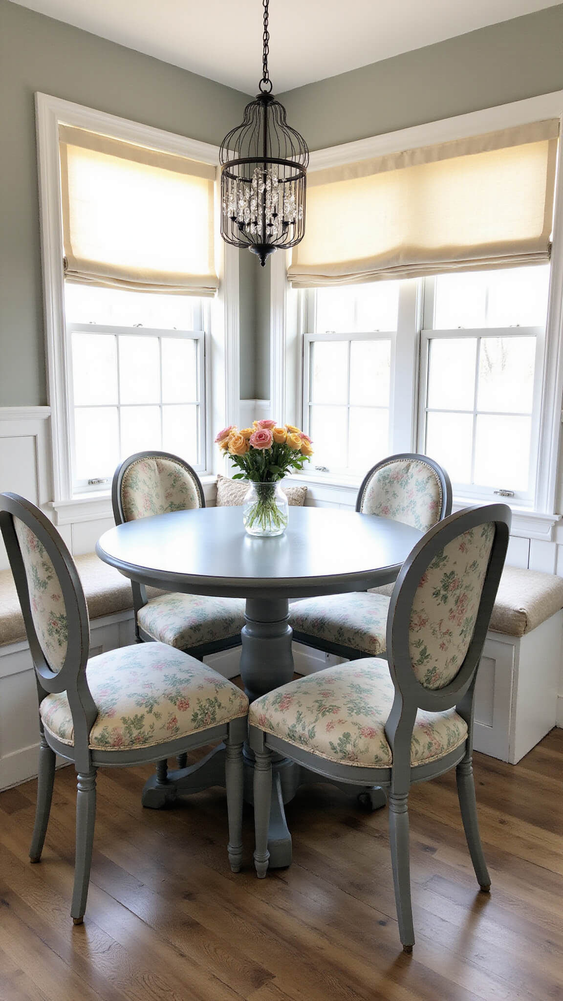 Cozy dining nook with distressed dove gray round table, vintage floral slipcovered chairs, birdcage chandelier, built-in window seat, and morning light through east-facing windows.