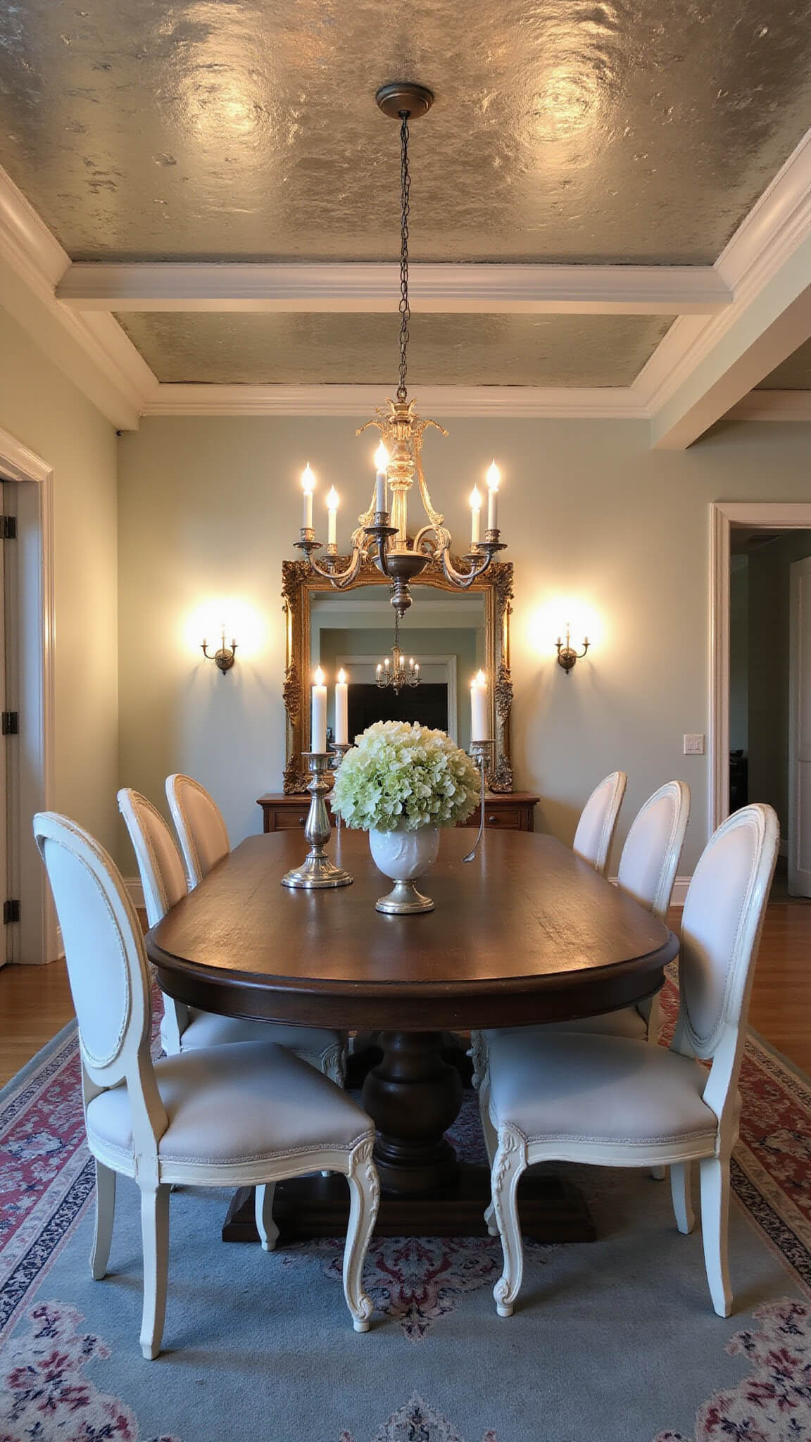 Formal dining room at dusk with tray ceiling, vintage tin tiles, salvaged wood table, French provincial chairs, candelabras, hydrangea centerpiece, gilt mirror, and Turkish rug in soft tones.