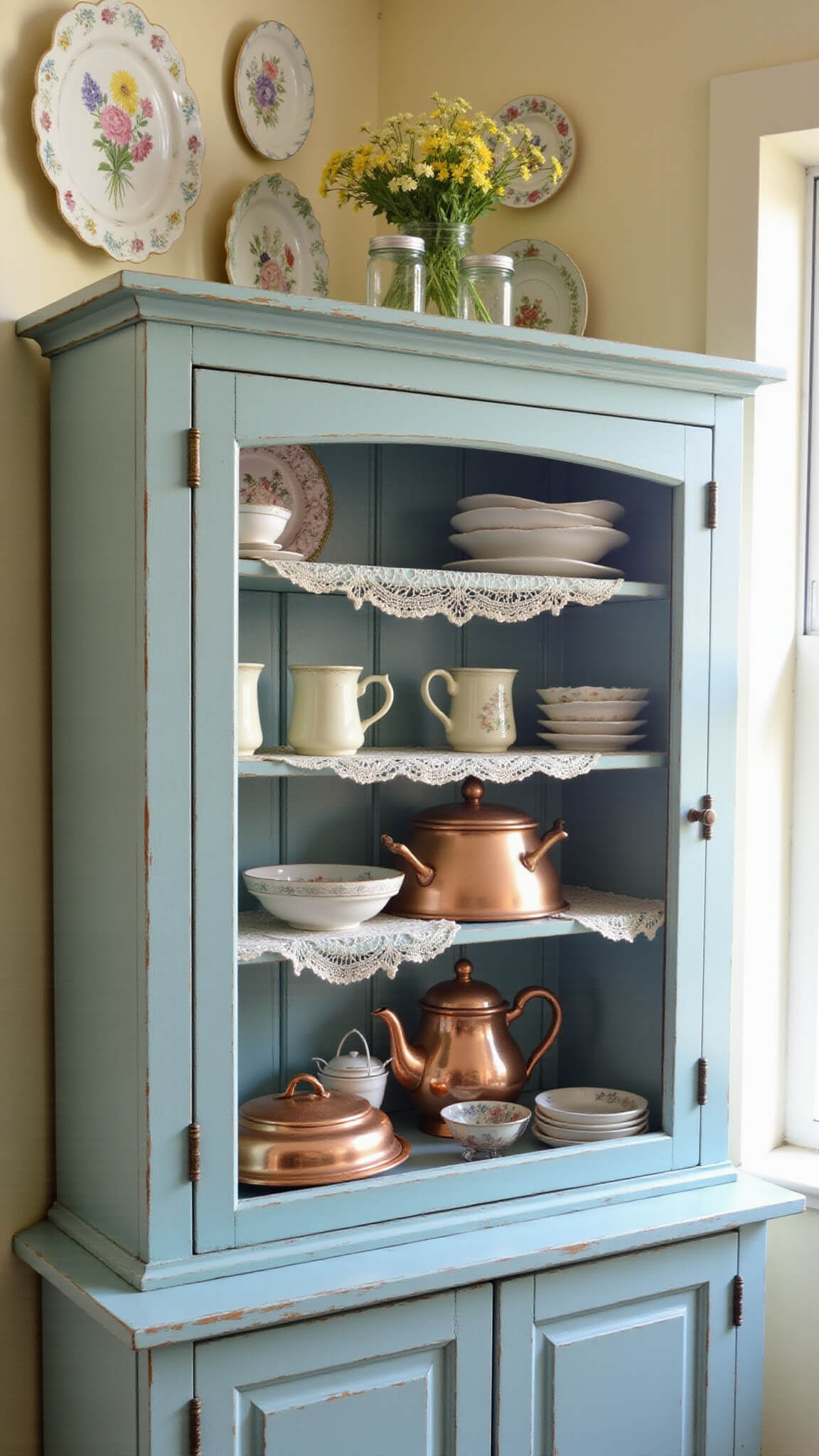 Vintage duck-egg blue hutch with glass doors displaying ironstone and depression glass, copper tea set, and mason jars with garden flowers, softly lit by afternoon window light.