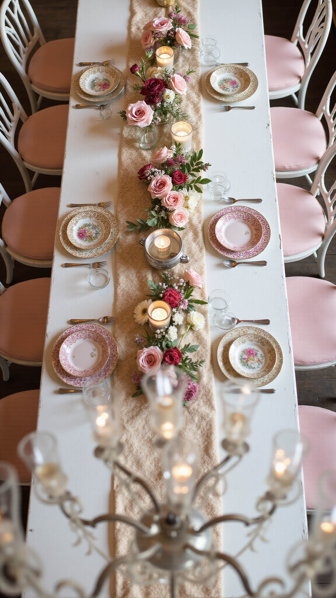 Overhead view of shabby chic tablescape with vintage linens, antique china, garden roses, tarnished silver, and blush-cushioned chiavari chairs, with chandelier crystal bokeh in foreground.