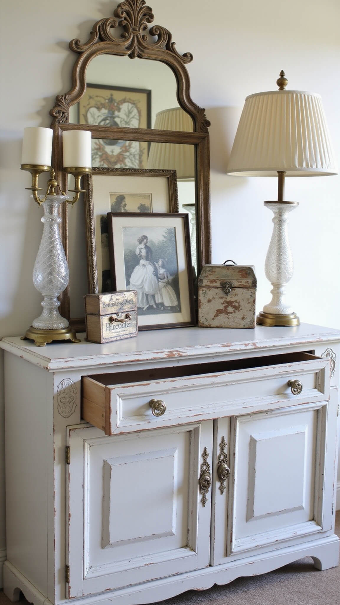 Close-up of vintage white sideboard with ornate mirror, layered frames, mercury glass candlesticks, alabaster lamps, and crystal hardware in soft morning light.